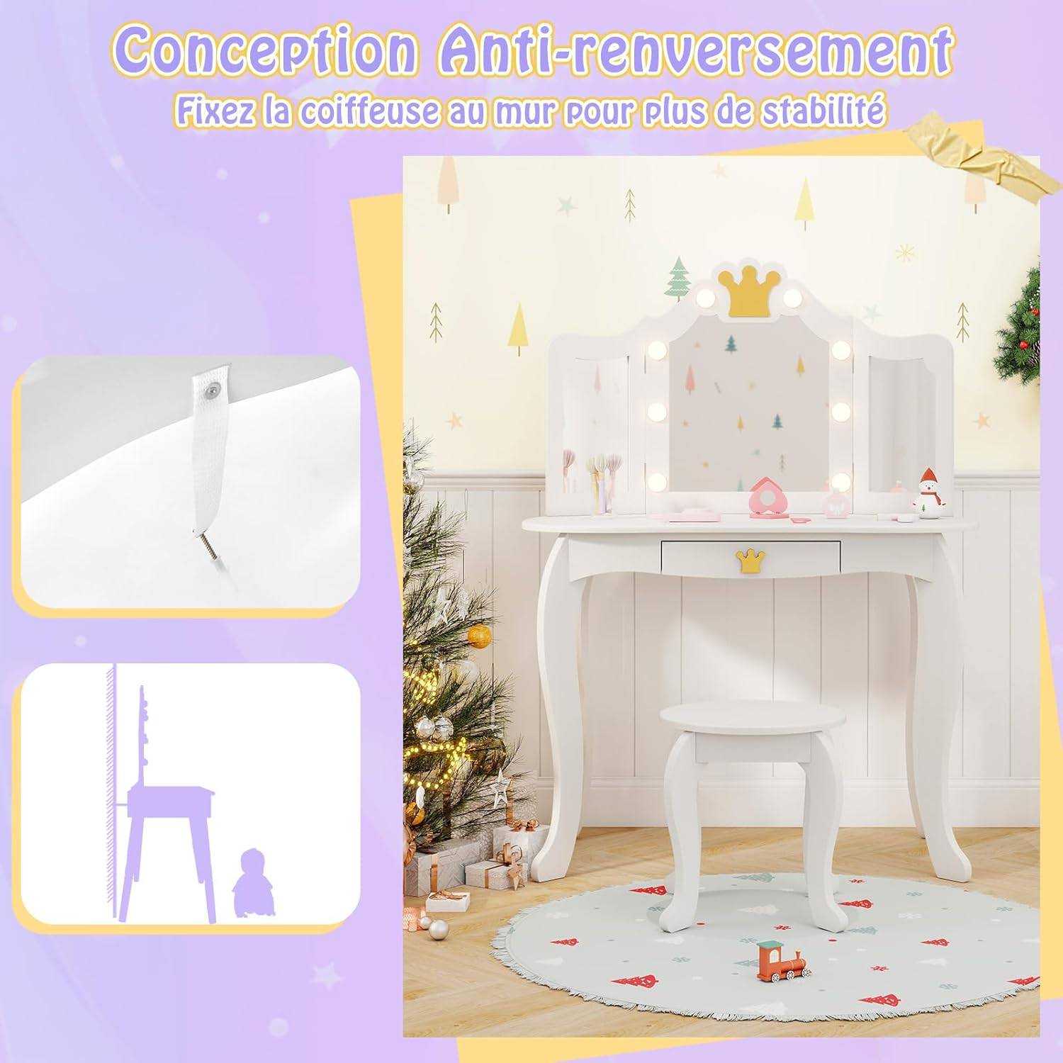 Coiffeuse Enfant avec Lumière LED à 3 Couleurs & Miroir à Trois Volets, Dispositif Anti-basculement, Charge 50/50kg pour 3-7 Ans - Image 6