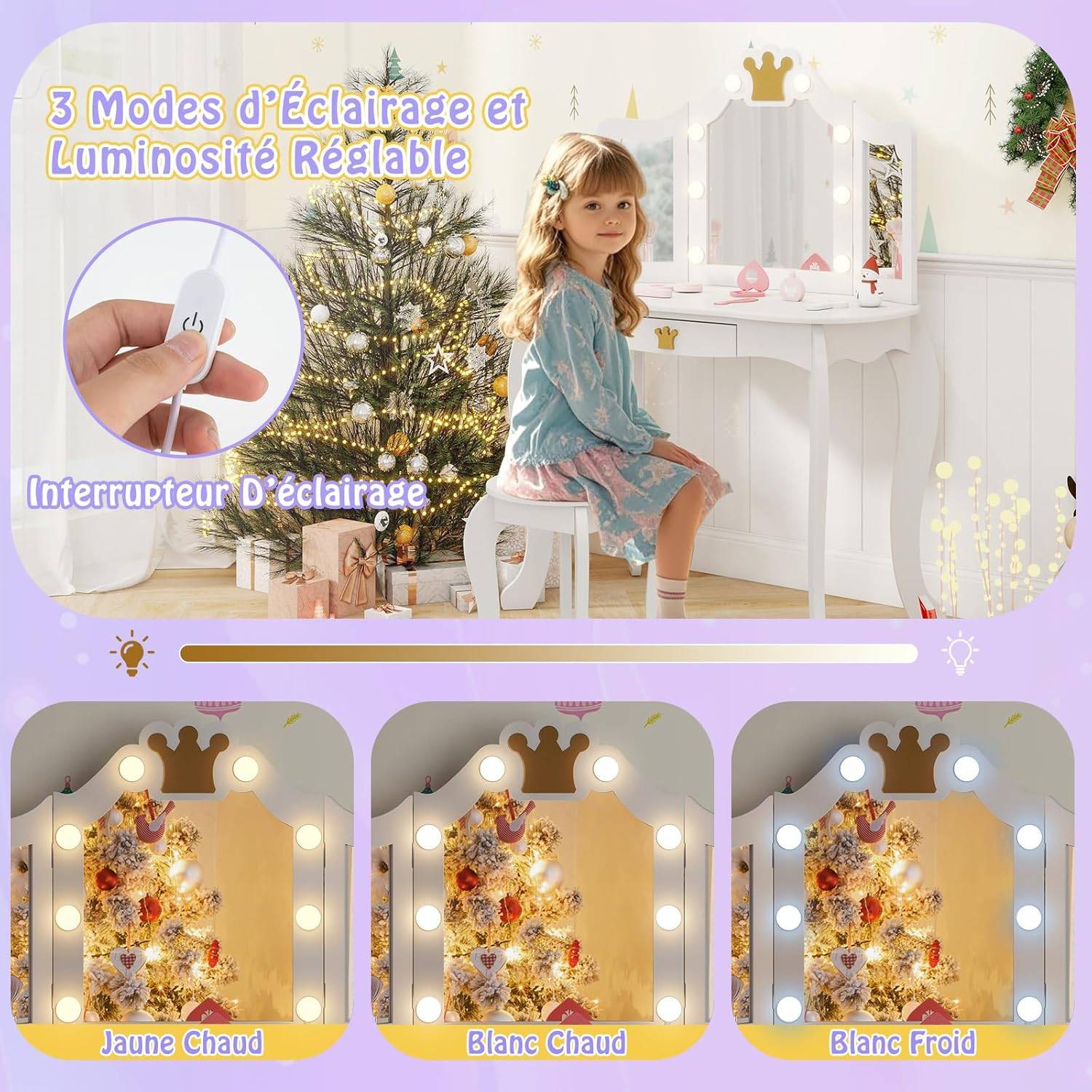 Coiffeuse Enfant avec Lumière LED à 3 Couleurs & Miroir à Trois Volets, Dispositif Anti-basculement, Charge 50/50kg pour 3-7 Ans - Image 4