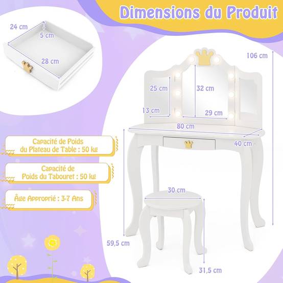 Coiffeuse Enfant avec Lumière LED à 3 Couleurs & Miroir à Trois Volets, Dispositif Anti-basculement, Charge 50/50kg pour 3-7 Ans - Image 5