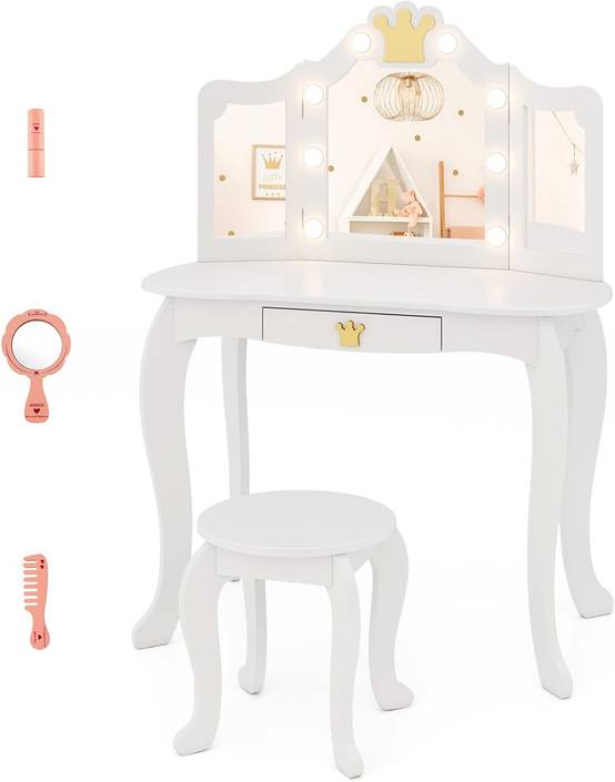 Coiffeuse Enfant avec Lumière LED à 3 Couleurs & Miroir à Trois Volets, Dispositif Anti-basculement, Charge 50/50kg pour 3-7 Ans - Image 1