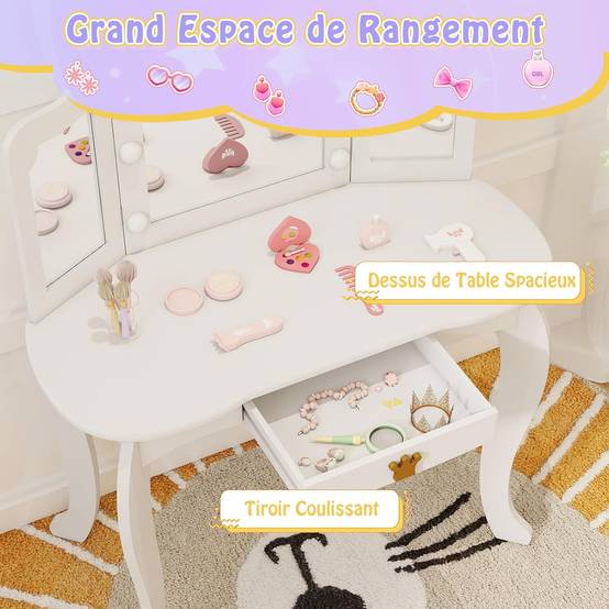 Coiffeuse Enfant avec Lumière LED à 3 Couleurs & Miroir à Trois Volets, Dispositif Anti-basculement, Charge 50/50kg pour 3-7 Ans - Image 3