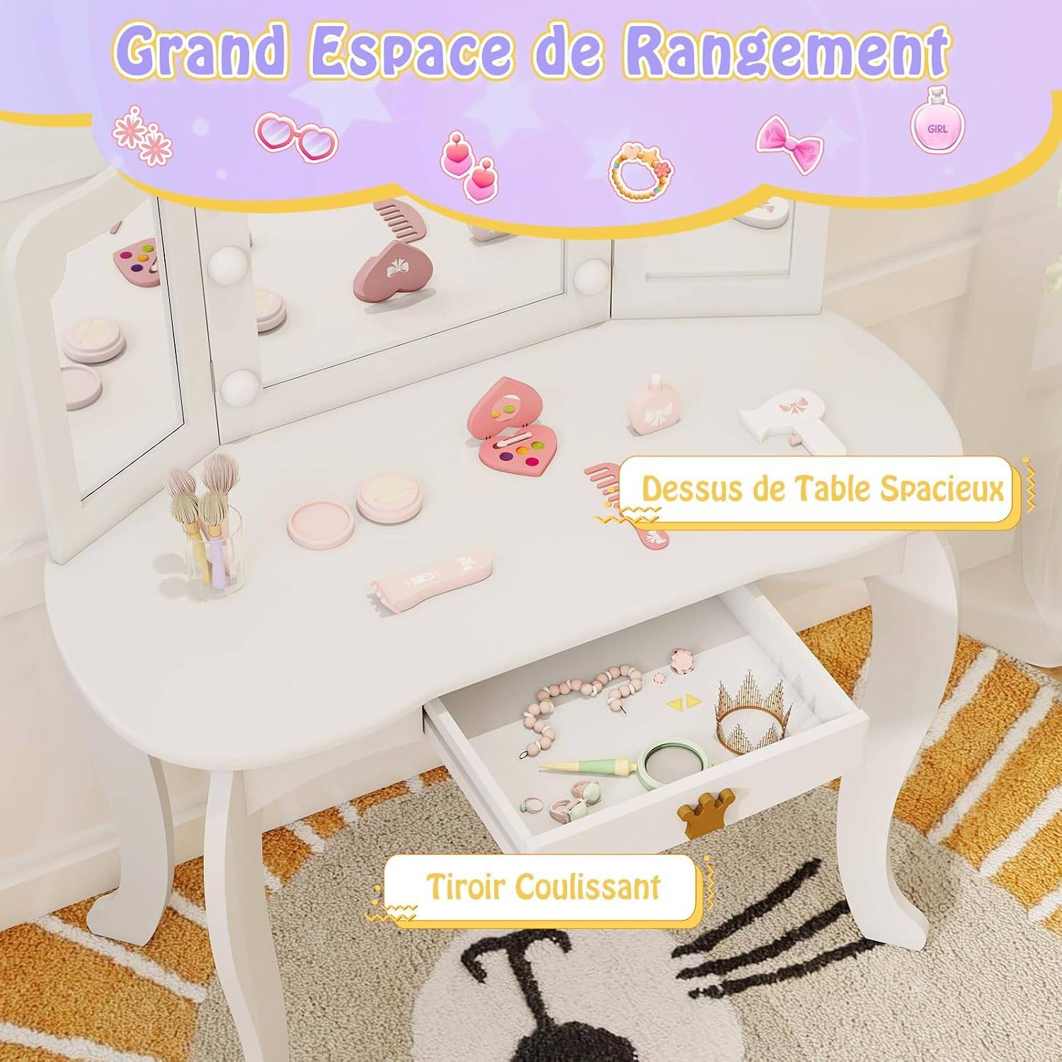 Coiffeuse Enfant avec Lumière LED à 3 Couleurs & Miroir à Trois Volets, Dispositif Anti-basculement, Charge 50/50kg pour 3-7 Ans - Image 3