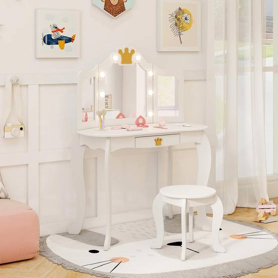 Coiffeuse Enfant avec Lumière LED à 3 Couleurs & Miroir à Trois Volets, Dispositif Anti-basculement, Charge 50/50kg pour 3-7 Ans - Image 8