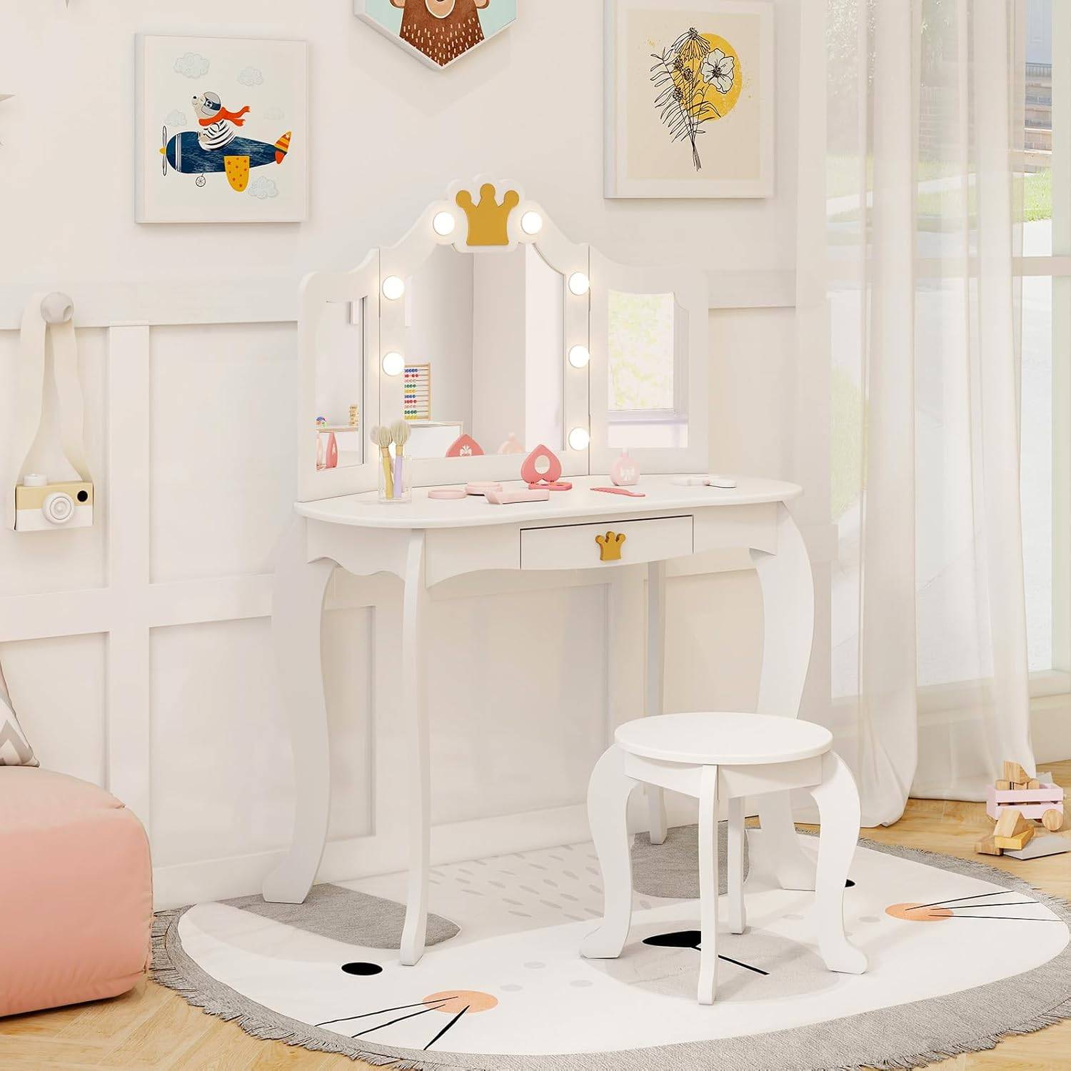 Coiffeuse Enfant avec Lumière LED à 3 Couleurs & Miroir à Trois Volets, Dispositif Anti-basculement, Charge 50/50kg pour 3-7 Ans - Image 8