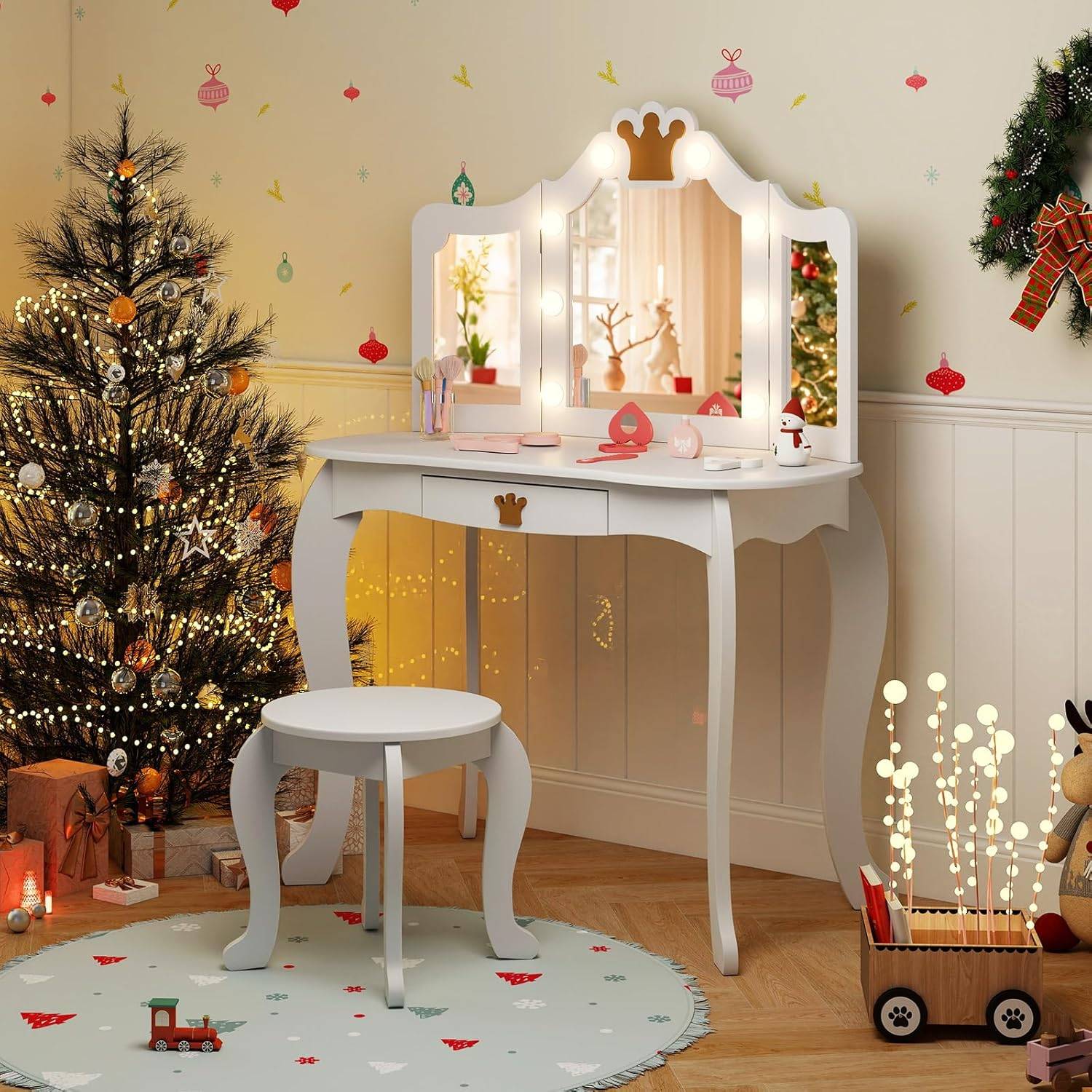 Coiffeuse Enfant avec Lumière LED à 3 Couleurs & Miroir à Trois Volets, Dispositif Anti-basculement, Charge 50/50kg pour 3-7 Ans - Image 9