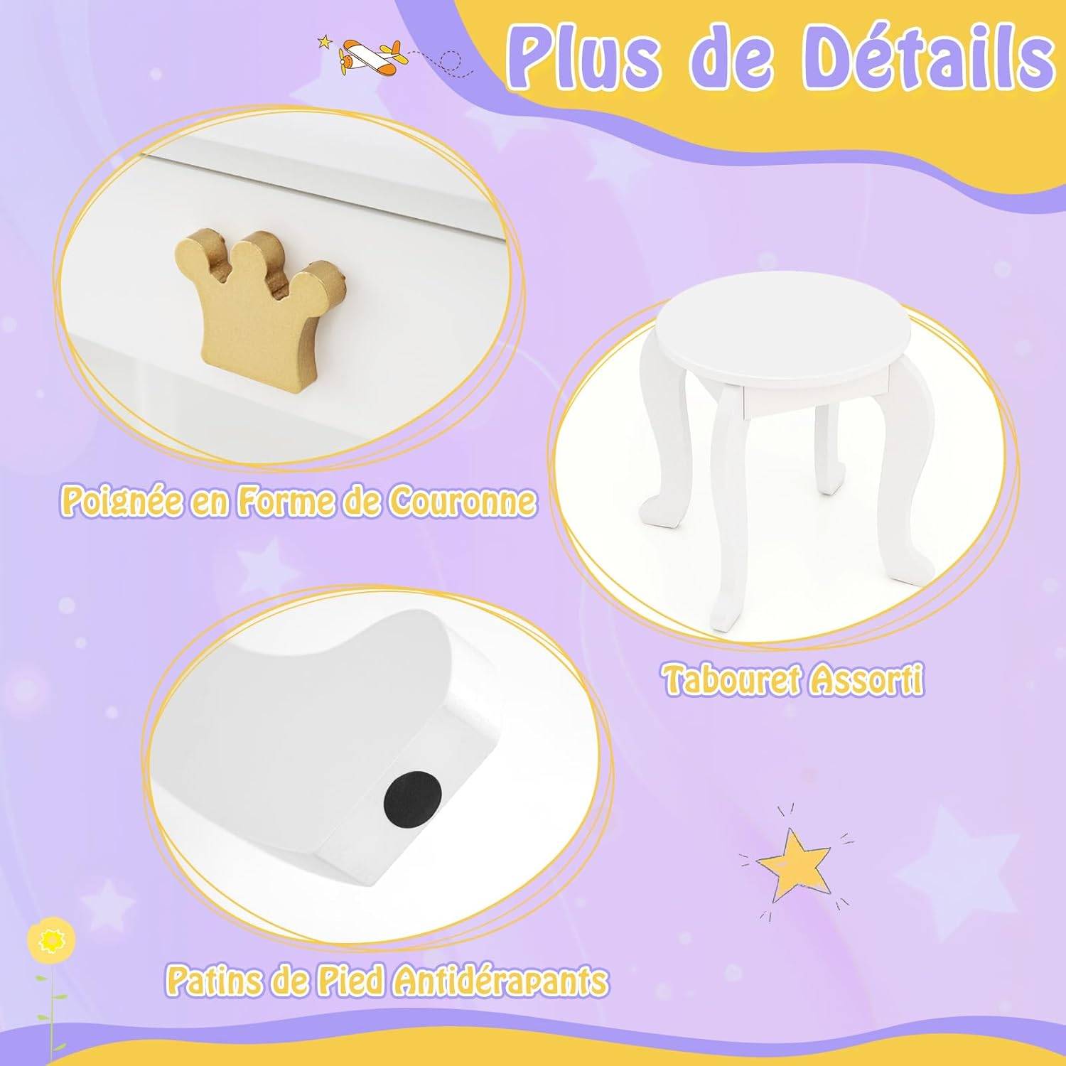 Coiffeuse Enfant avec Lumière LED à 3 Couleurs & Miroir à Trois Volets, Dispositif Anti-basculement, Charge 50/50kg pour 3-7 Ans - Image 7