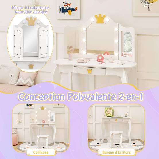Coiffeuse Enfant avec Lumière LED à 3 Couleurs & Miroir à Trois Volets, Dispositif Anti-basculement, Charge 50/50kg pour 3-7 Ans - Image 2