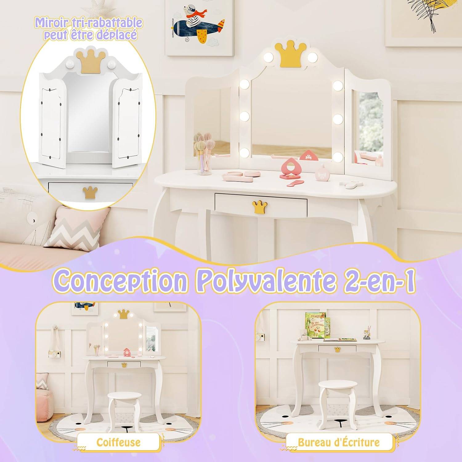 Coiffeuse Enfant avec Lumière LED à 3 Couleurs & Miroir à Trois Volets, Dispositif Anti-basculement, Charge 50/50kg pour 3-7 Ans - Image 2