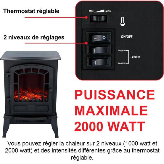 Cheminée électrique Effet flamme 2000W Thermostat réglable 3 LED Chauffage d'appoint Torino CLASSIC FIRE - Imagen 2