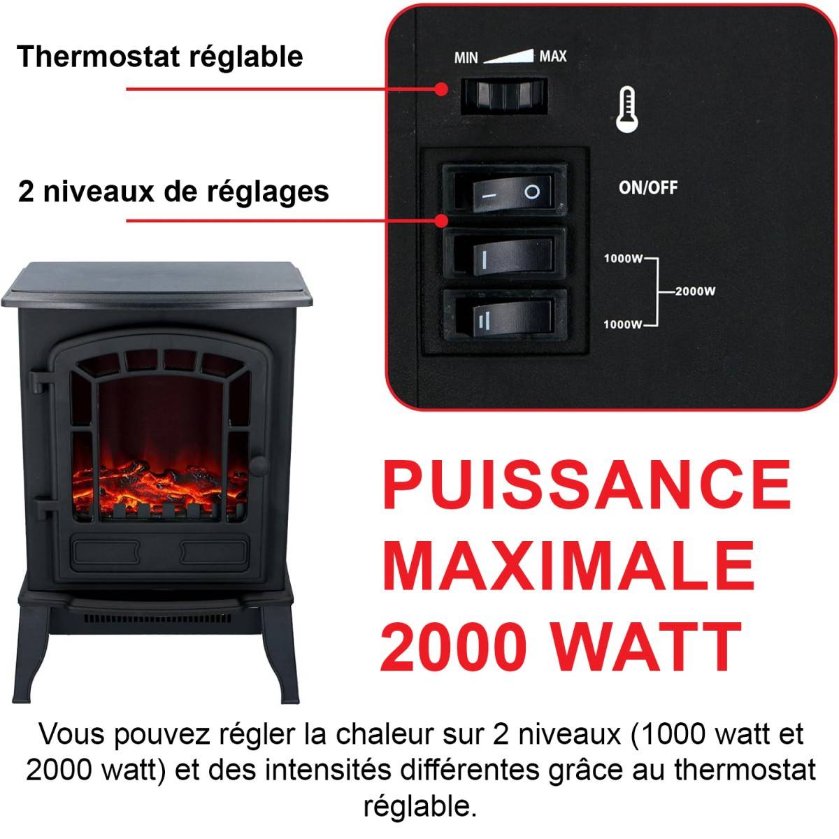 Cheminée électrique Effet flamme 2000W Thermostat réglable 3 LED Chauffage d'appoint Torino CLASSIC FIRE - Imagen 2