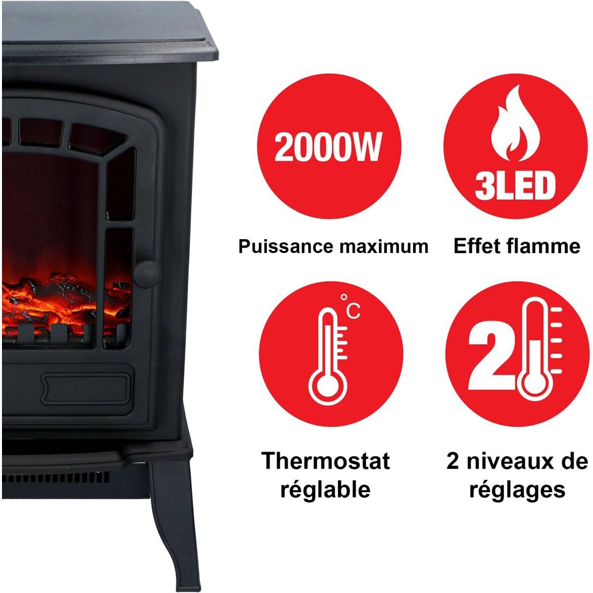 Cheminée électrique Effet flamme 2000W Thermostat réglable 3 LED Chauffage d'appoint Torino CLASSIC FIRE - Imagen 3