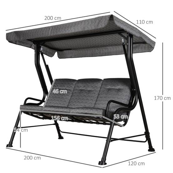 Balancelle de jardin 3 places structure acier coussins gris toit ajustable 200x120x170cm - ComfortXL Outdoor Living - Image 3