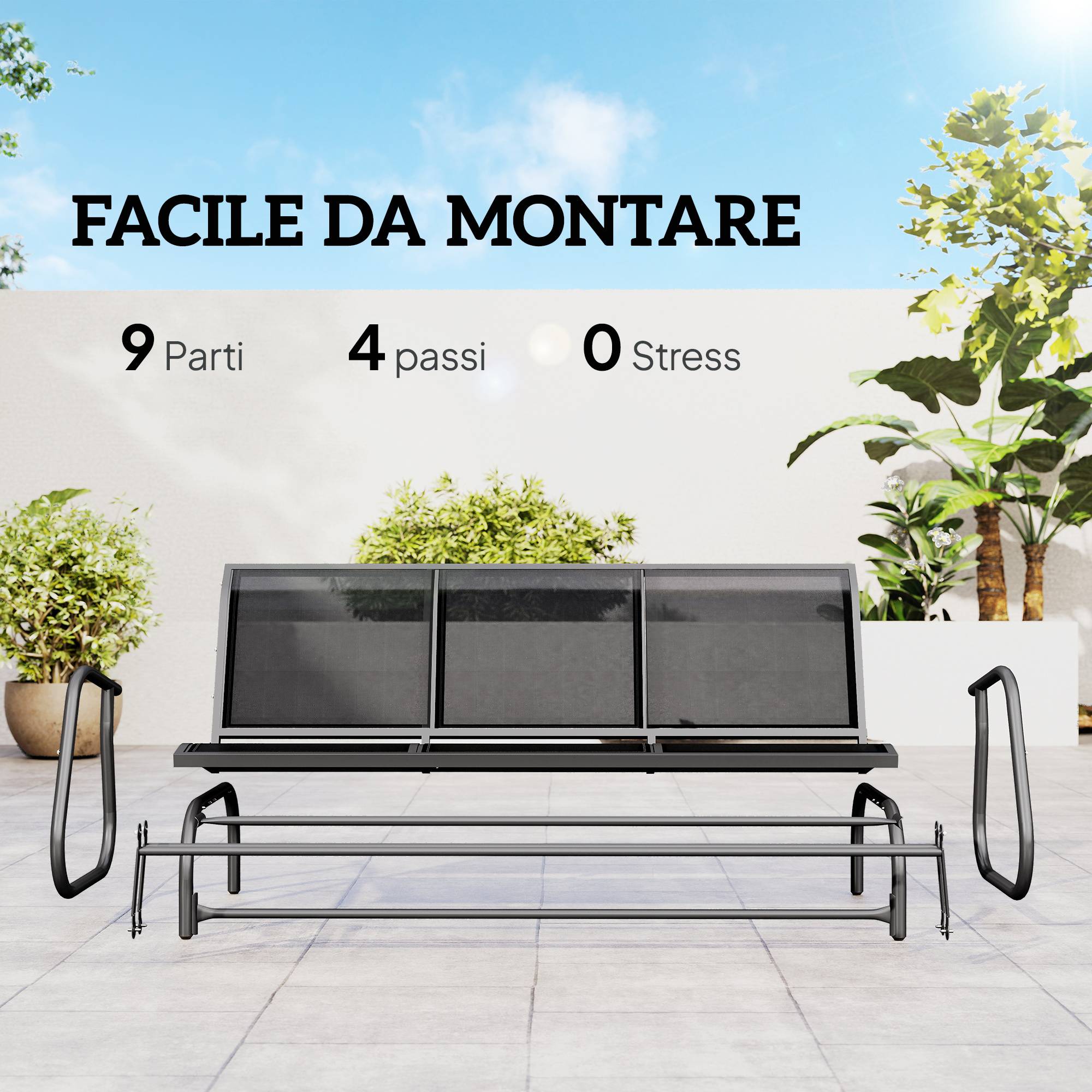 Banc à bascule de jardin 3 places métal textilène respirant extérieur noir 147x70x85cm - ComfortXL Outdoor Living - Image 7