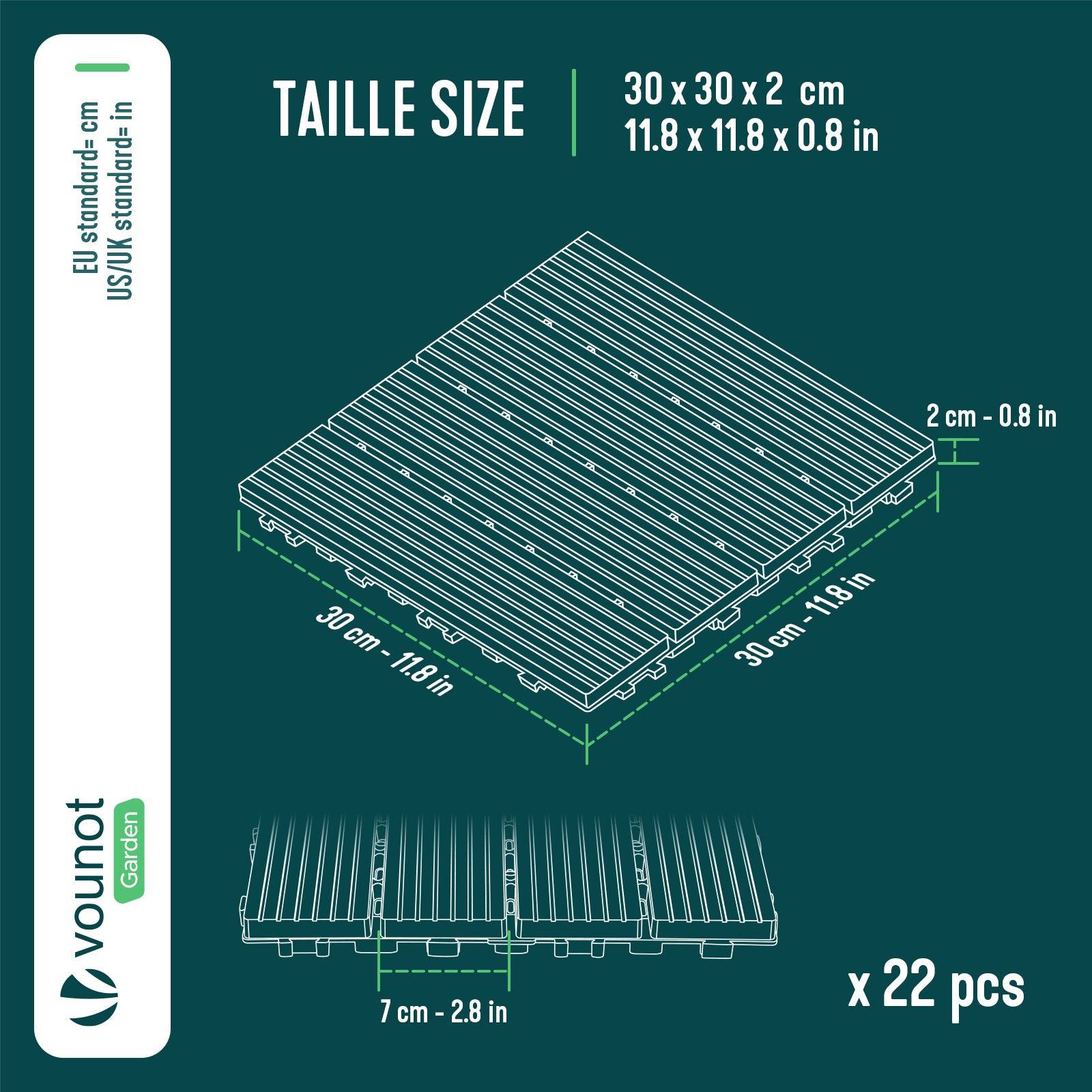 Lot de 22 Dalles clipsables extérieur 30x30 cm - Caillebotis de terrasse antidérapant et drainant - Plastique - Anthracite - VOUNOT® - Image 3