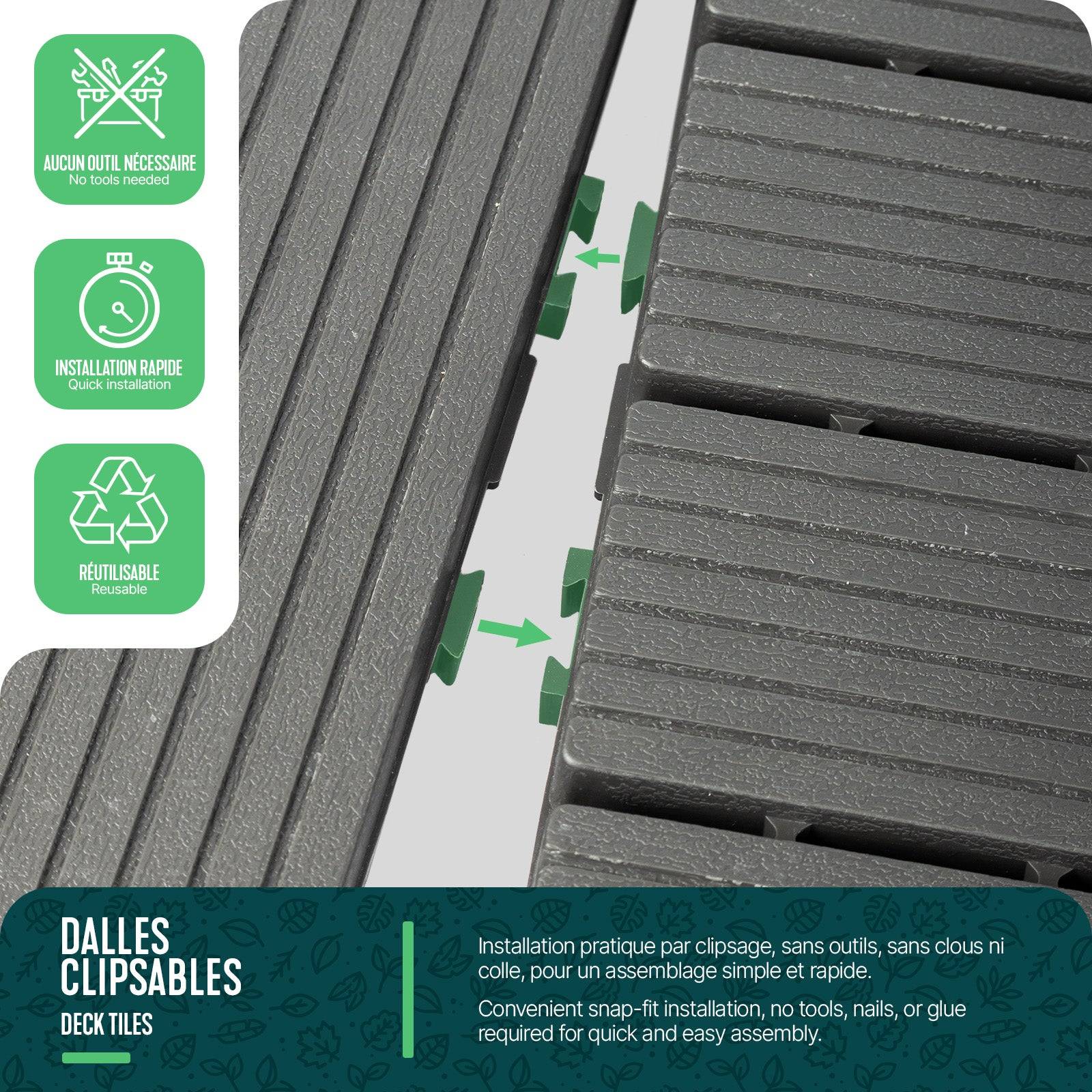 Lot de 22 Dalles clipsables extérieur 30x30 cm - Caillebotis de terrasse antidérapant et drainant - Plastique - Anthracite - VOUNOT® - Image 5