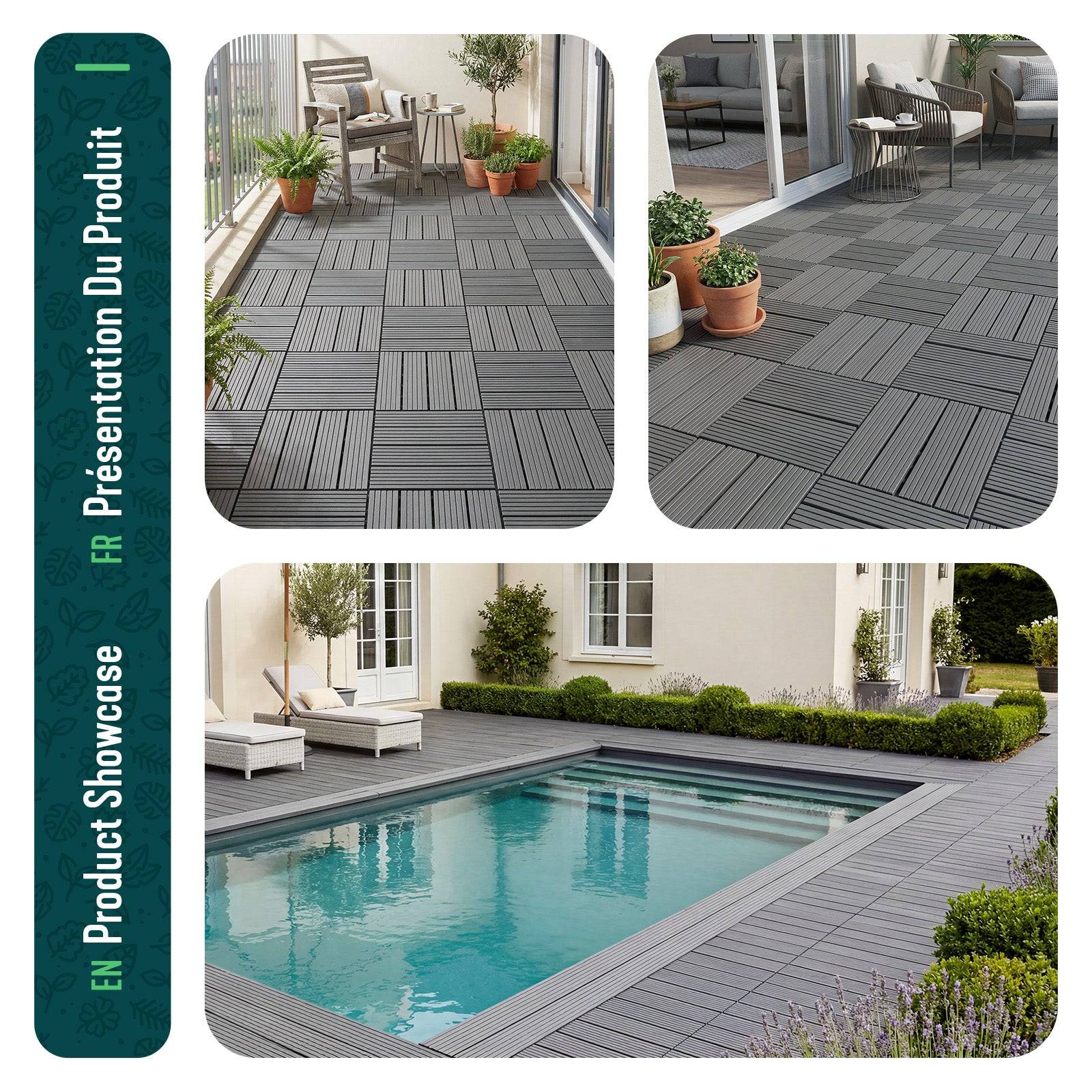 Lot de 22 Dalles clipsables extérieur 30x30 cm - Caillebotis de terrasse antidérapant et drainant - Plastique - Anthracite - VOUNOT® - Image 7