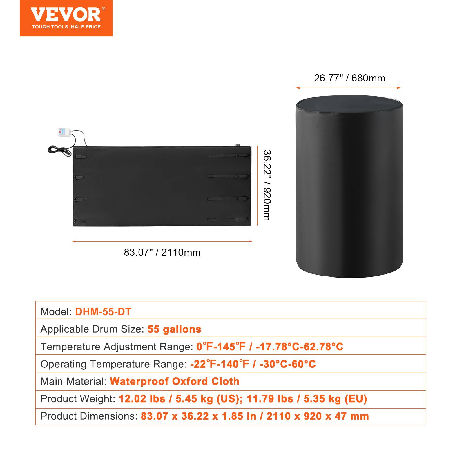 VEVOR Chauffe-fut métal 1300W, bande 55 gallons, thermostat -17.8°C-62.8°C, Oxford imperméable. - Image 7