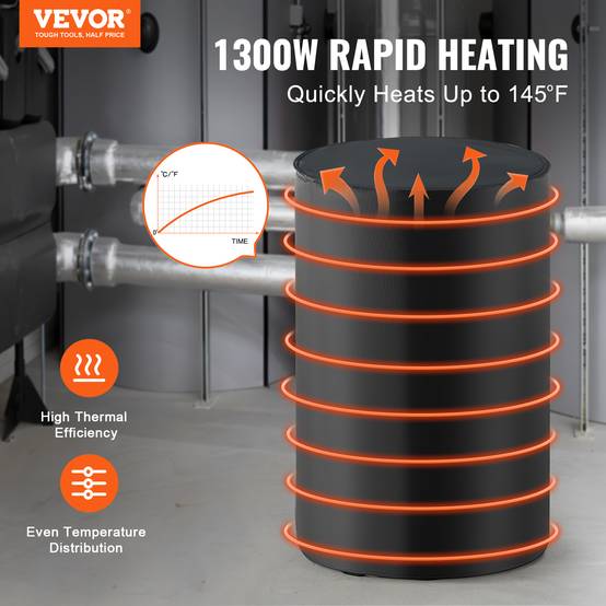 VEVOR Chauffe-fut métal 1300W, bande 55 gallons, thermostat -17.8°C-62.8°C, Oxford imperméable. - Image 2