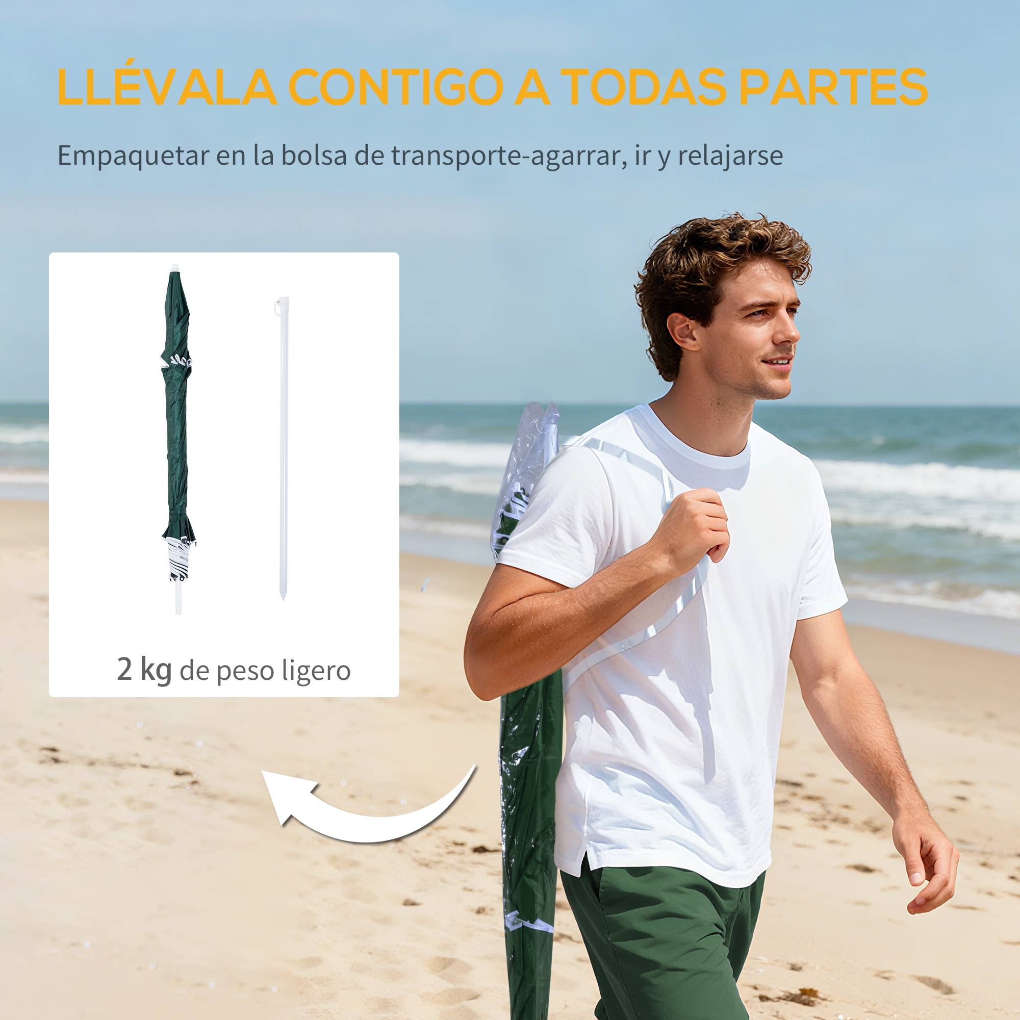 Parasol de plage 2 en 1 avec 2 panneaux lateraux, anti-UV, sac transport Ø210x222cm, vert - Image 10