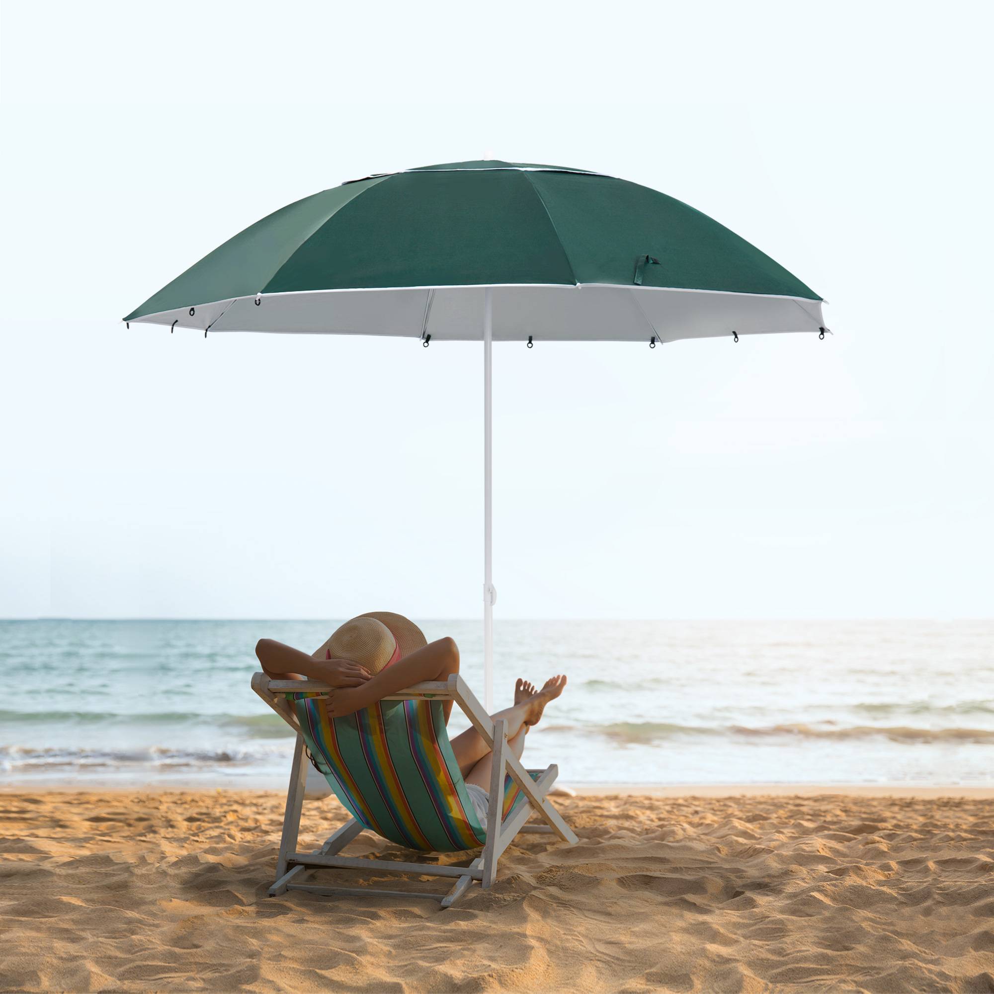 Parasol de plage 2 en 1 avec 2 panneaux lateraux, anti-UV, sac transport Ø210x222cm, vert - Image 4