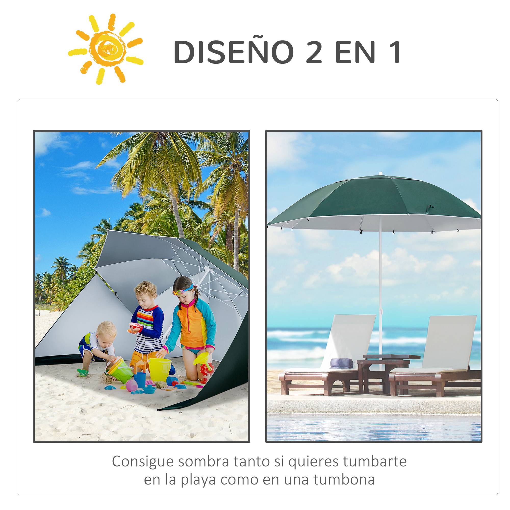 Parasol de plage 2 en 1 avec 2 panneaux lateraux, anti-UV, sac transport Ø210x222cm, vert - Image 9