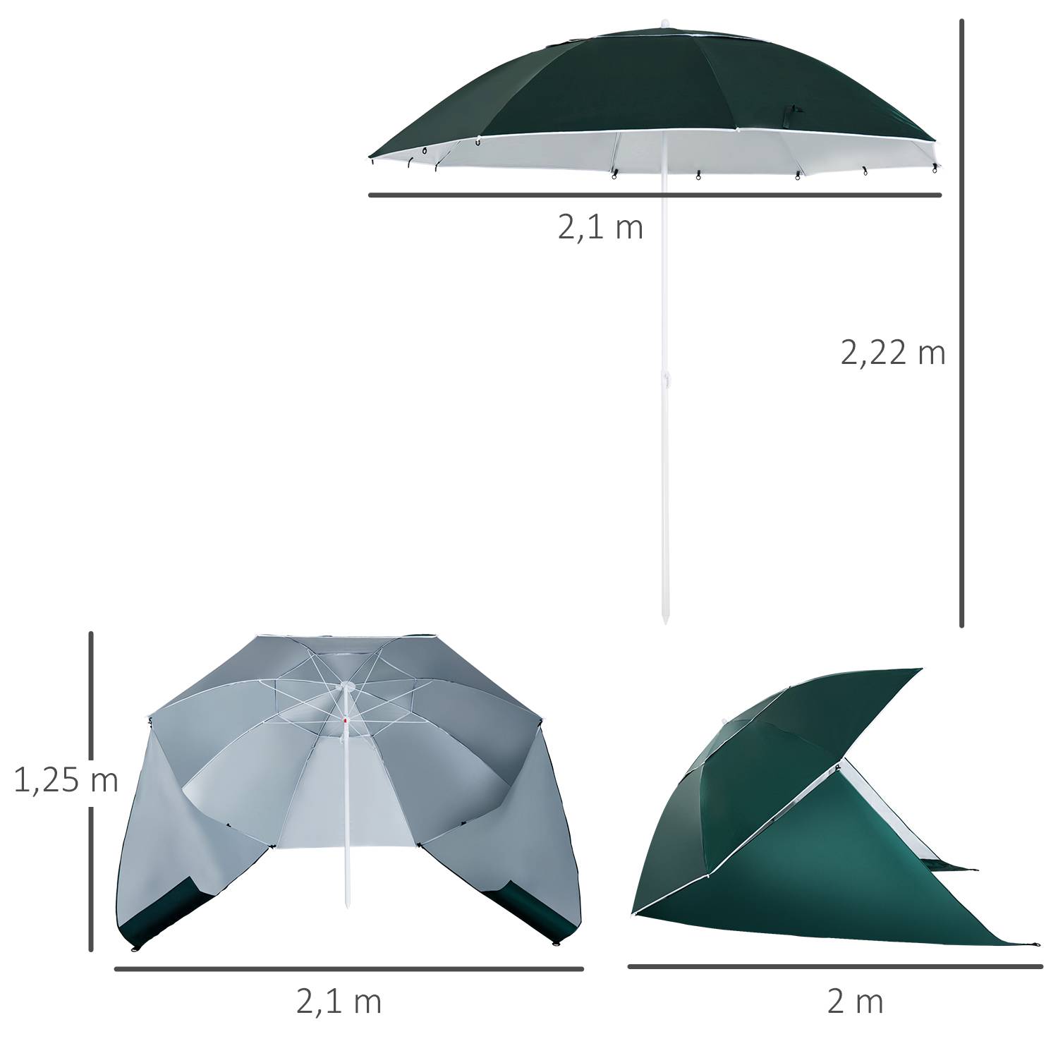 Parasol de plage 2 en 1 avec 2 panneaux lateraux, anti-UV, sac transport Ø210x222cm, vert - Image 5
