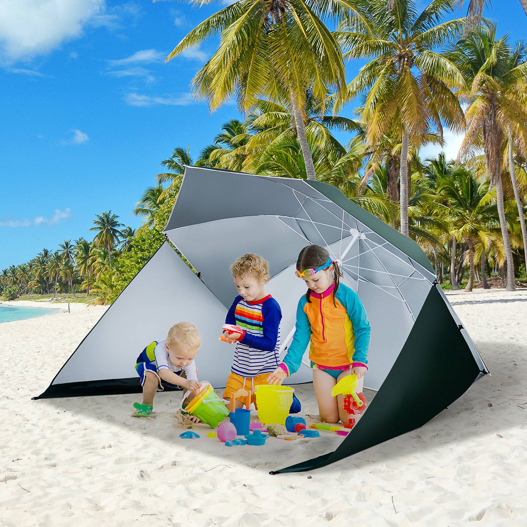 Parasol de plage 2 en 1 avec 2 panneaux lateraux, anti-UV, sac transport Ø210x222cm, vert - Image 3