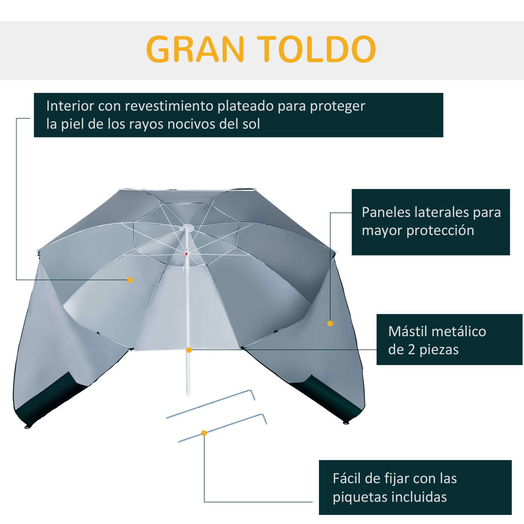 Parasol de plage 2 en 1 avec 2 panneaux lateraux, anti-UV, sac transport Ø210x222cm, vert - Image 8