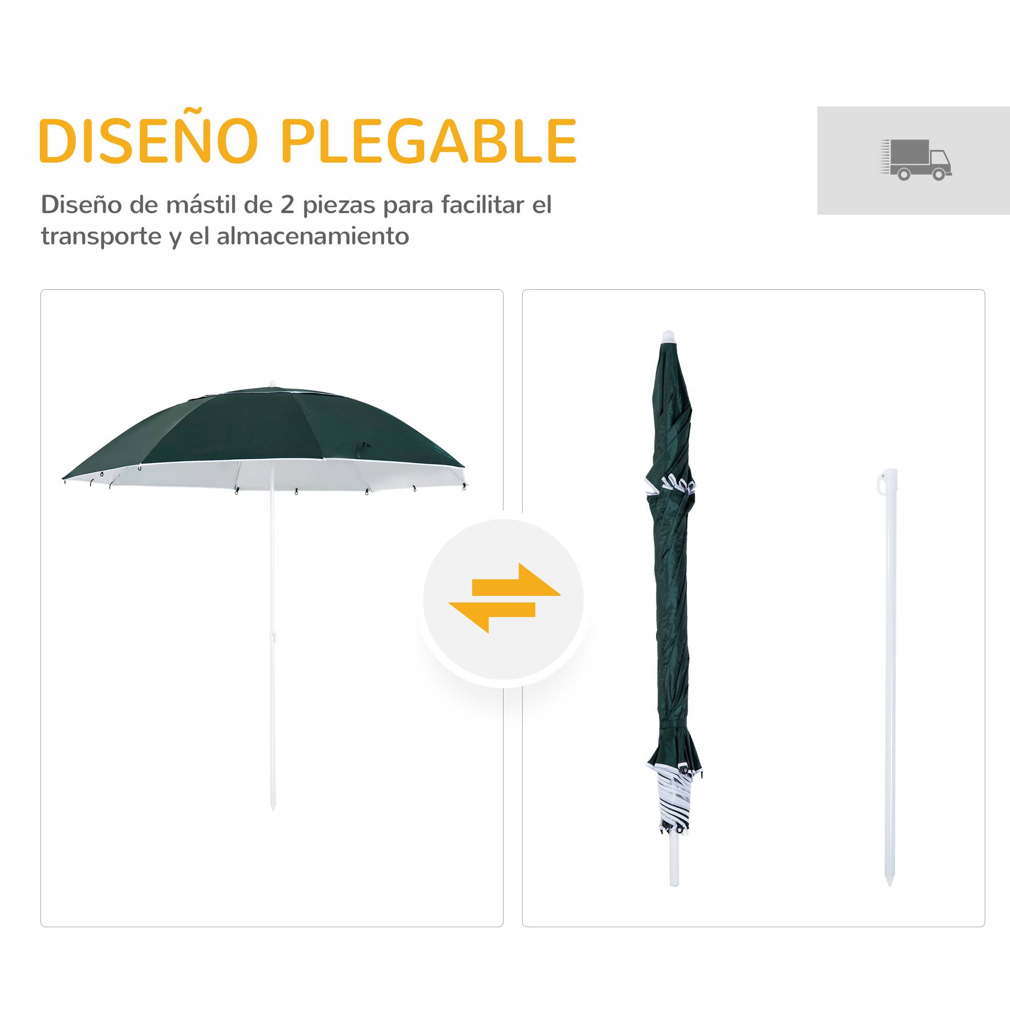 Parasol de plage 2 en 1 avec 2 panneaux lateraux, anti-UV, sac transport Ø210x222cm, vert - Image 7