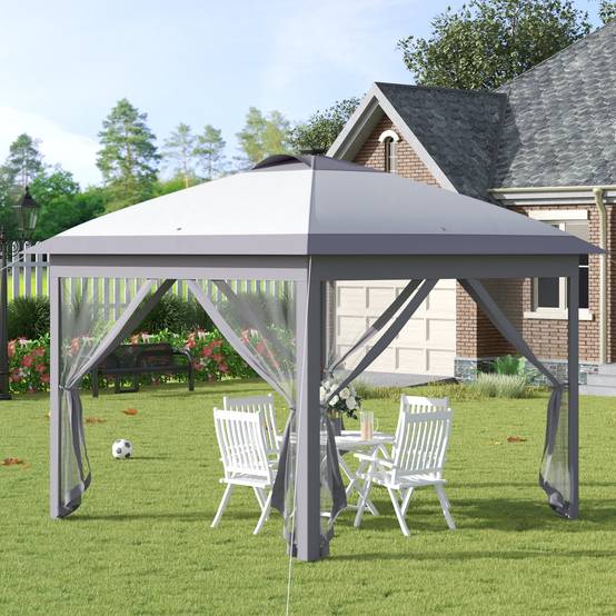 ComfortXL - Tonnelle Pliante Pop-Up Métal Jardin LED Solaire Moustiquaire 3,3x3,3m Gris - ComfortXL Outdoor Living - Image 1