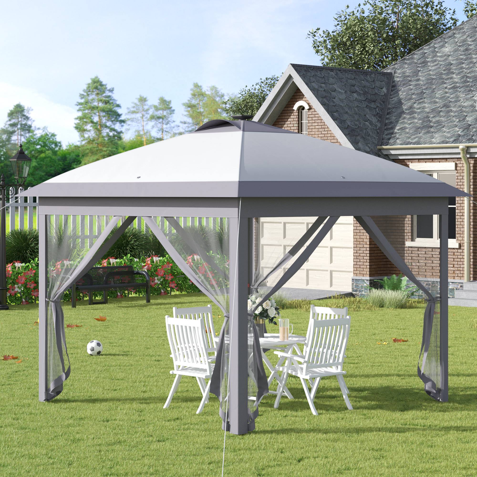 ComfortXL - Tonnelle Pliante Pop-Up Métal Jardin LED Solaire Moustiquaire 3,3x3,3m Gris - ComfortXL Outdoor Living - Image 1