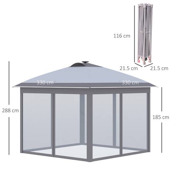 ComfortXL - Tonnelle Pliante Pop-Up Métal Jardin LED Solaire Moustiquaire 3,3x3,3m Gris - ComfortXL Outdoor Living - Image 3