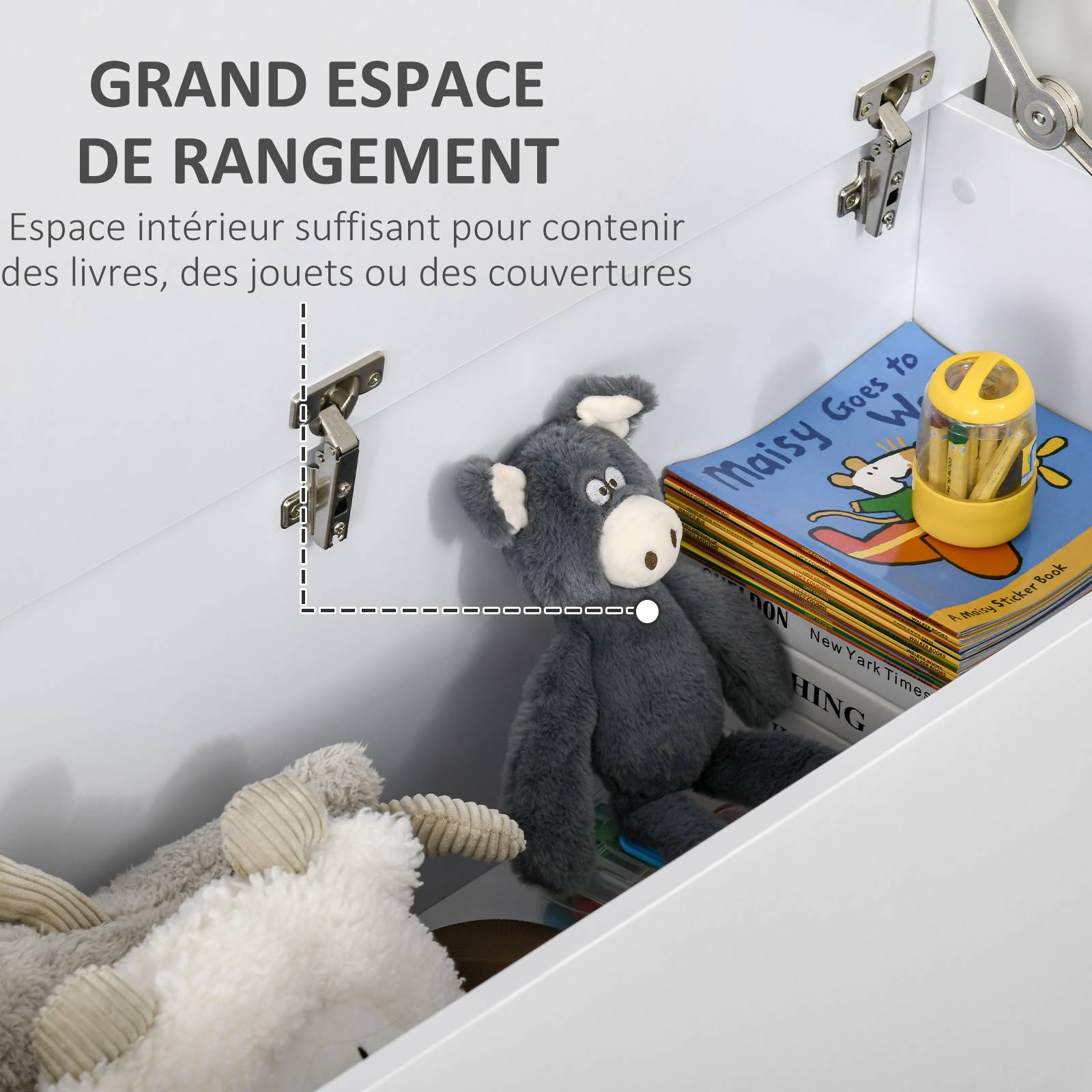Sans Marque - Coffre/banc rangement, couvercle rabattable + charnières sécurité, pour chaussures, entrée/couloir/chambre/salon, 100x40x40cm, blanc. - Image 6