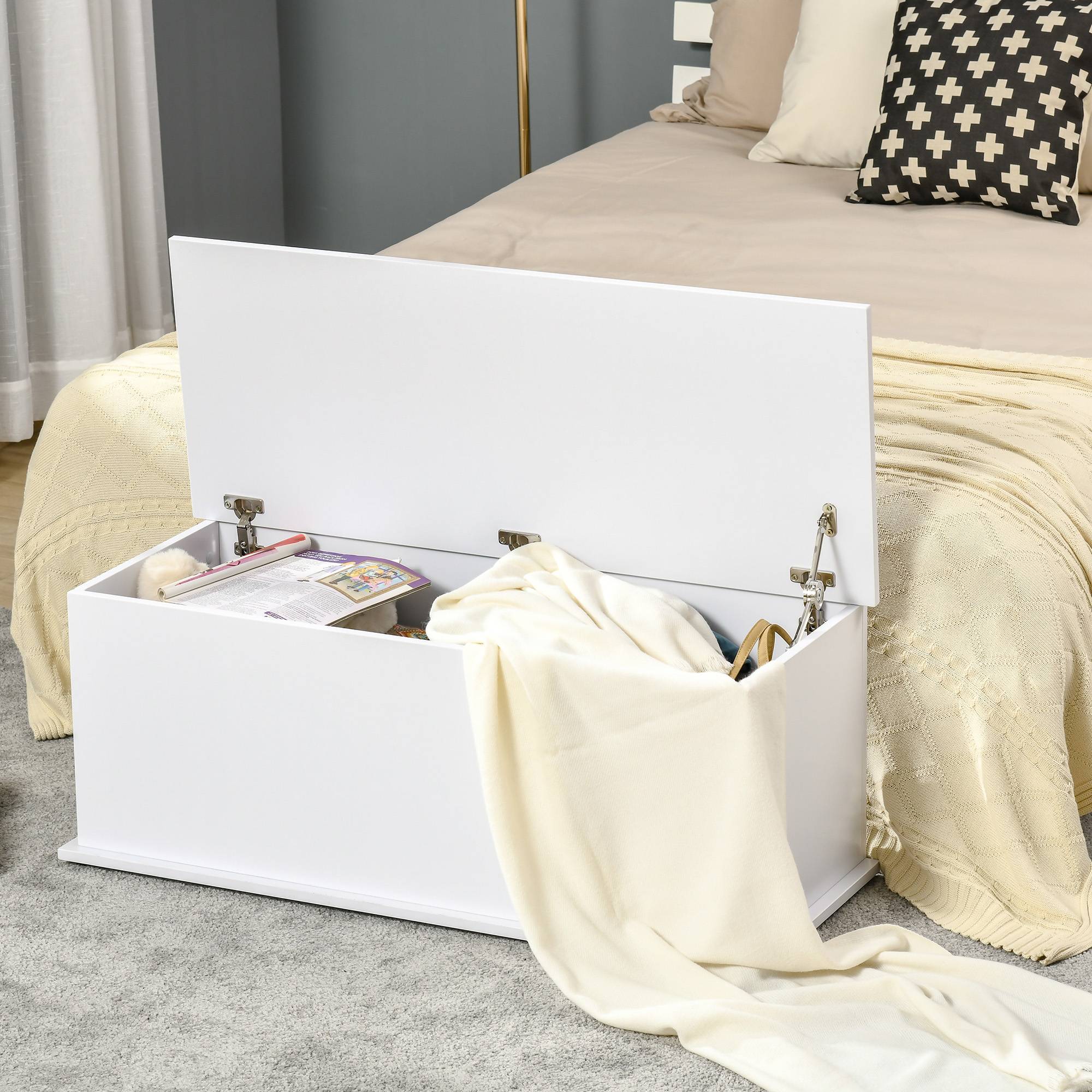 Sans Marque - Coffre/banc rangement, couvercle rabattable + charnières sécurité, pour chaussures, entrée/couloir/chambre/salon, 100x40x40cm, blanc. - Image 8