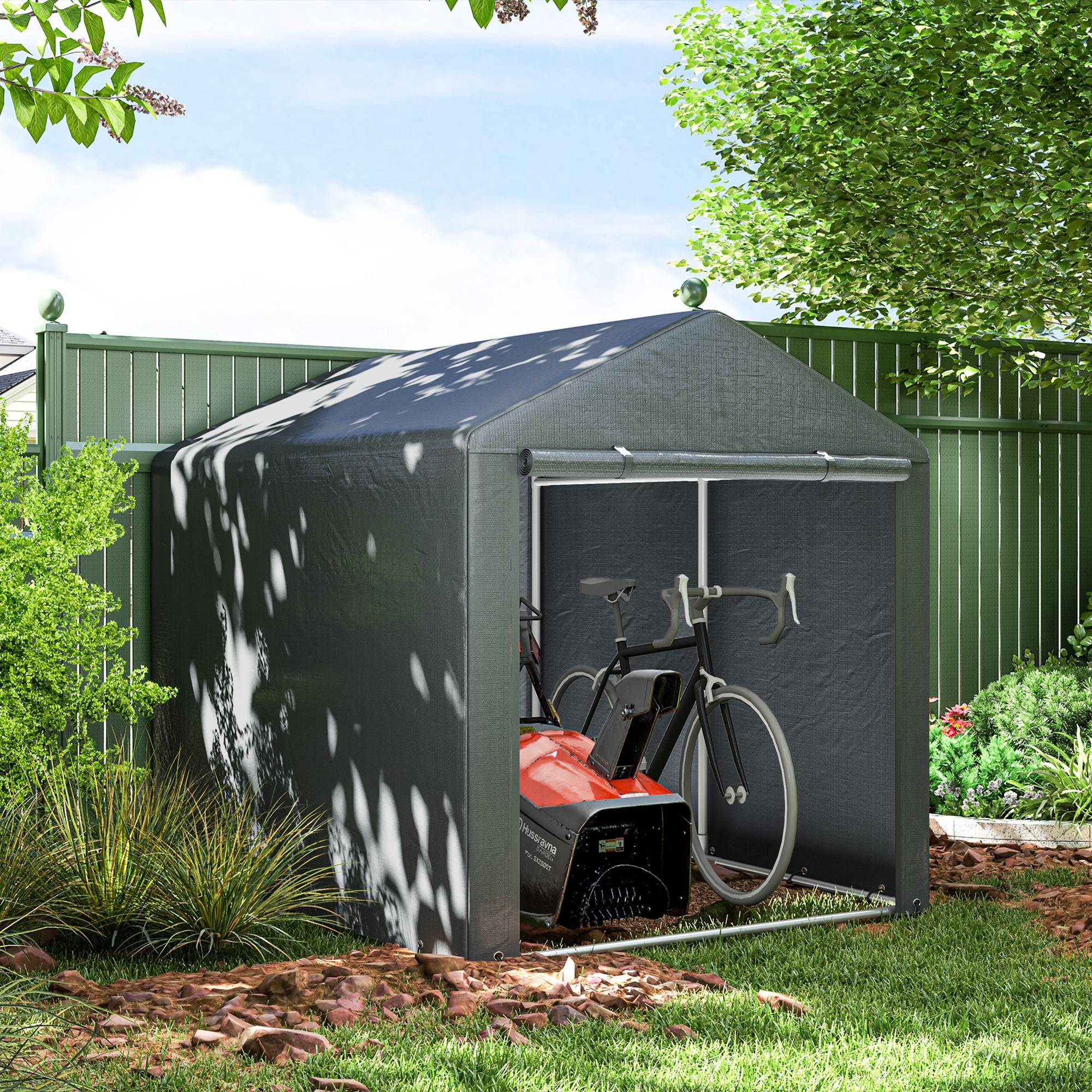 Tente de stockage toile PE extérieur garage vélos outils porte zippée 160x218x172cm gris - ComfortXL Outdoor Living - Image 3