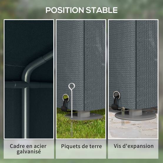 Tente de stockage toile PE extérieur garage vélos outils porte zippée 160x218x172cm gris - ComfortXL Outdoor Living - Image 7