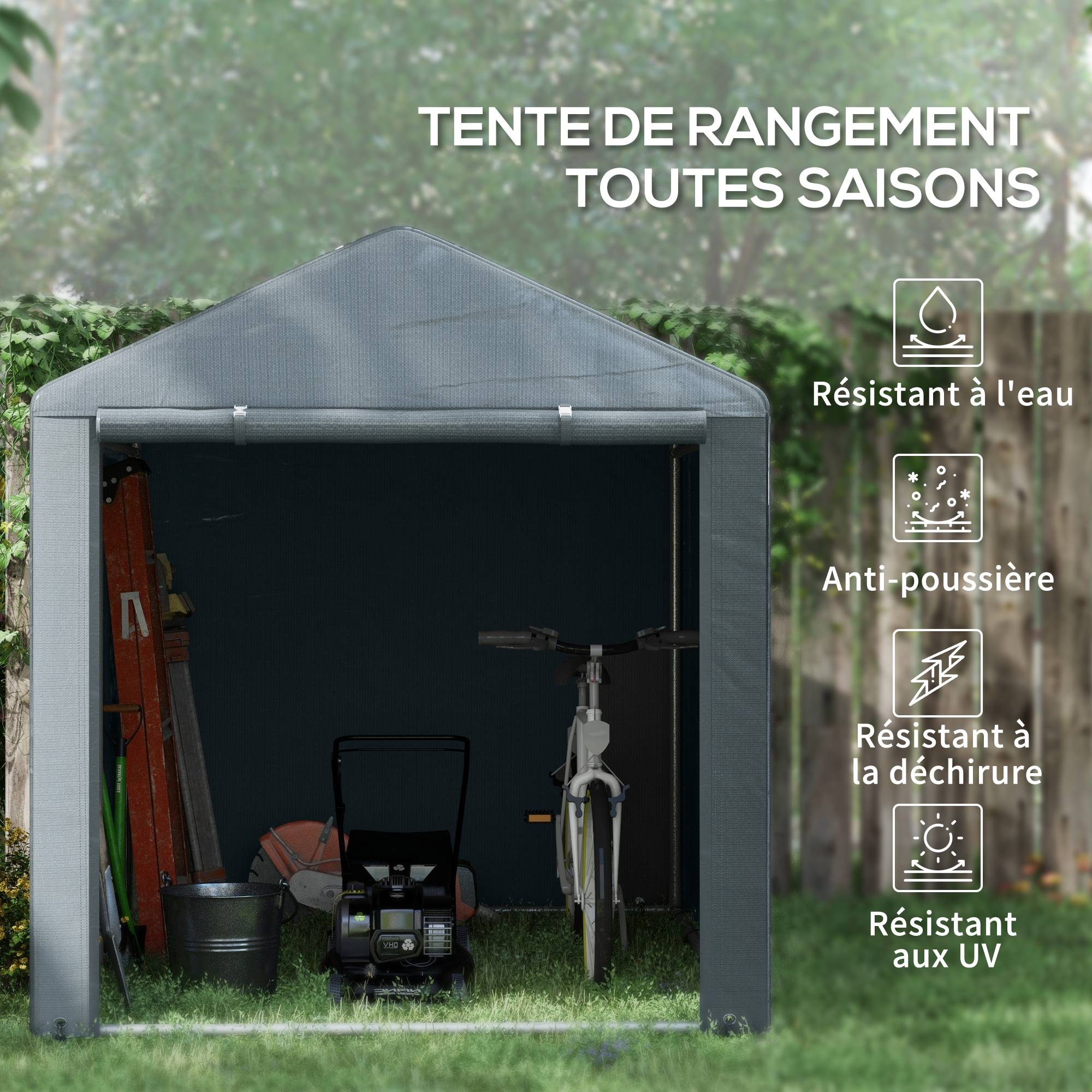 Tente de stockage toile PE extérieur garage vélos outils porte zippée 160x218x172cm gris - ComfortXL Outdoor Living - Image 6