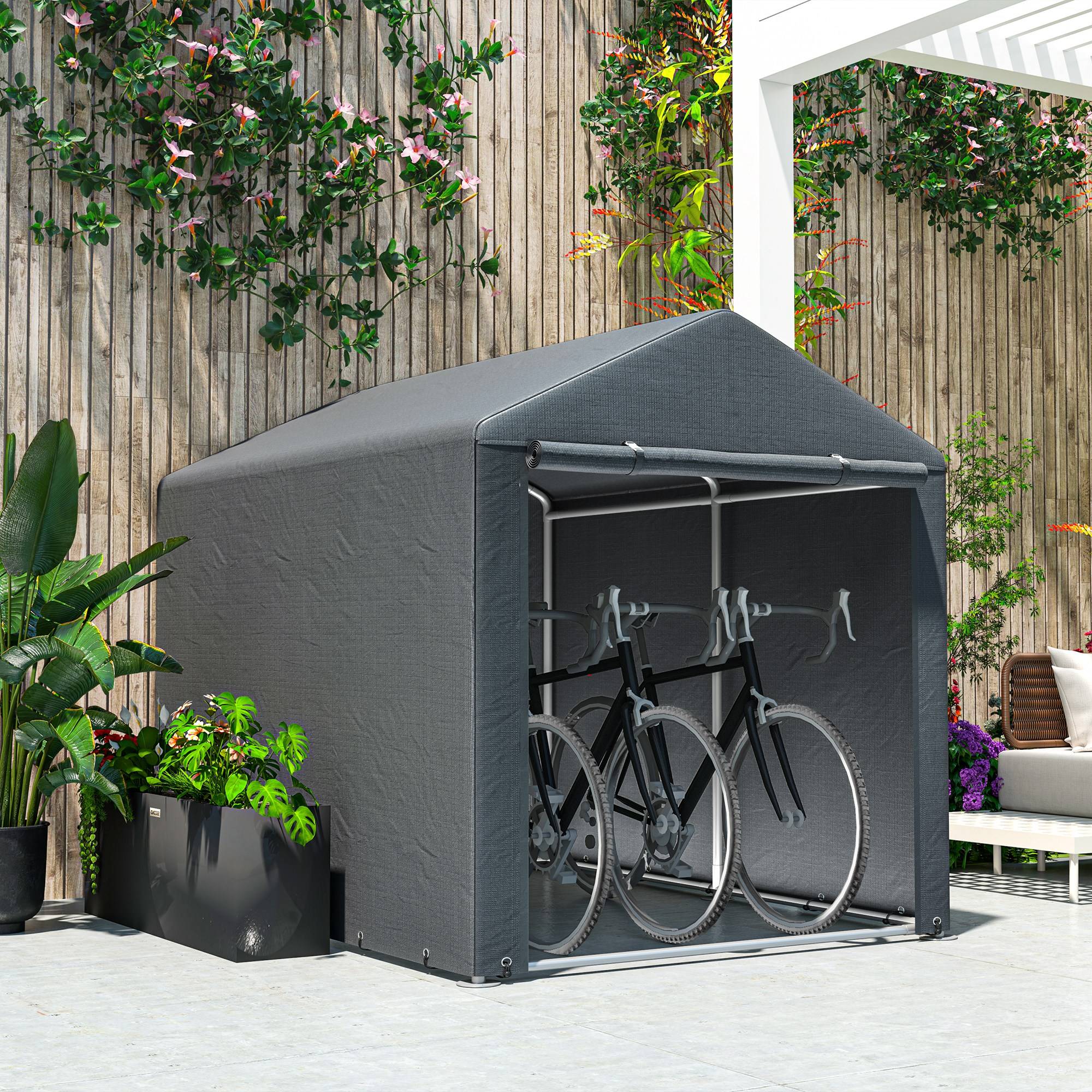Tente de stockage toile PE extérieur garage vélos outils porte zippée 160x218x172cm gris - ComfortXL Outdoor Living - Image 9