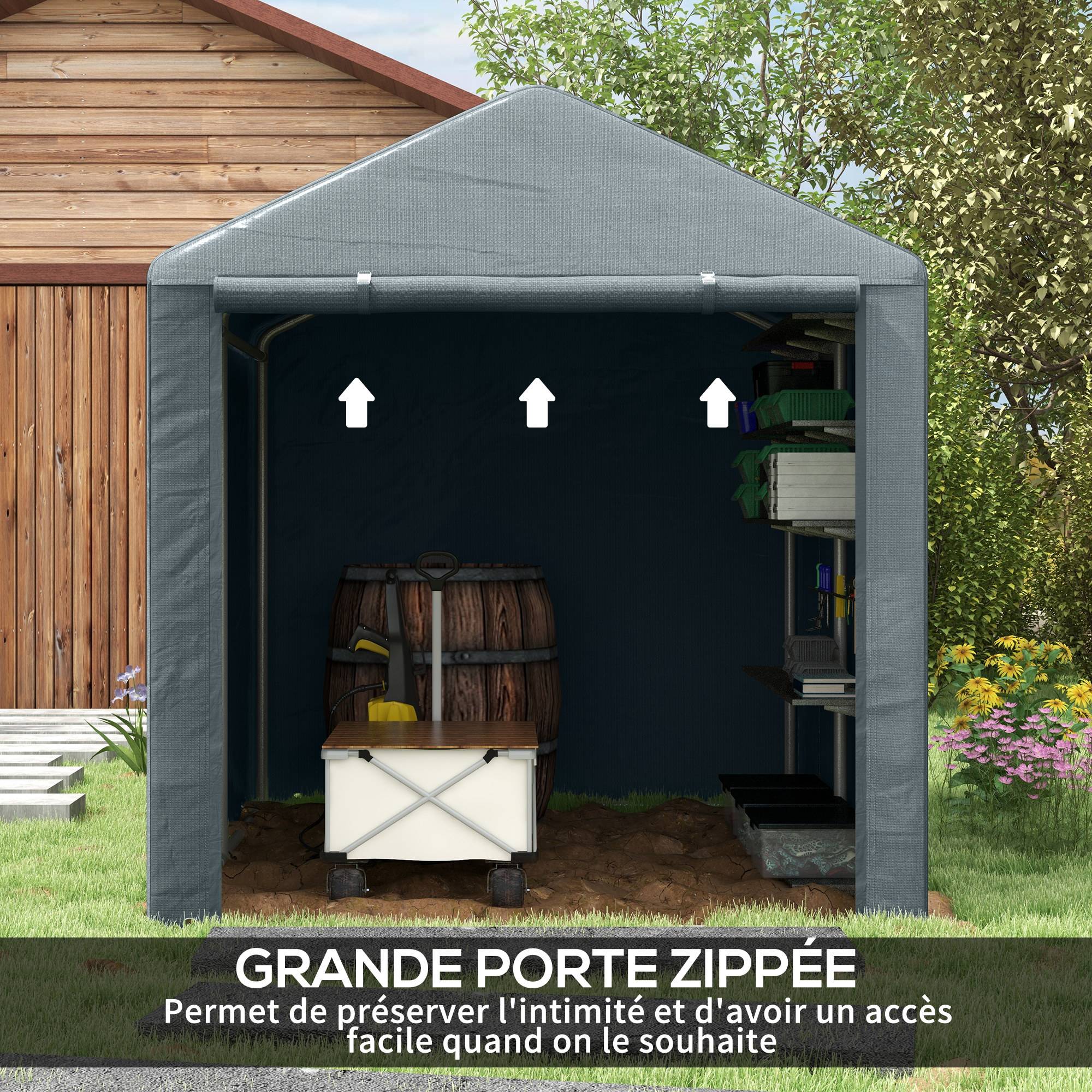 Tente de stockage toile PE extérieur garage vélos outils porte zippée 160x218x172cm gris - ComfortXL Outdoor Living - Image 8