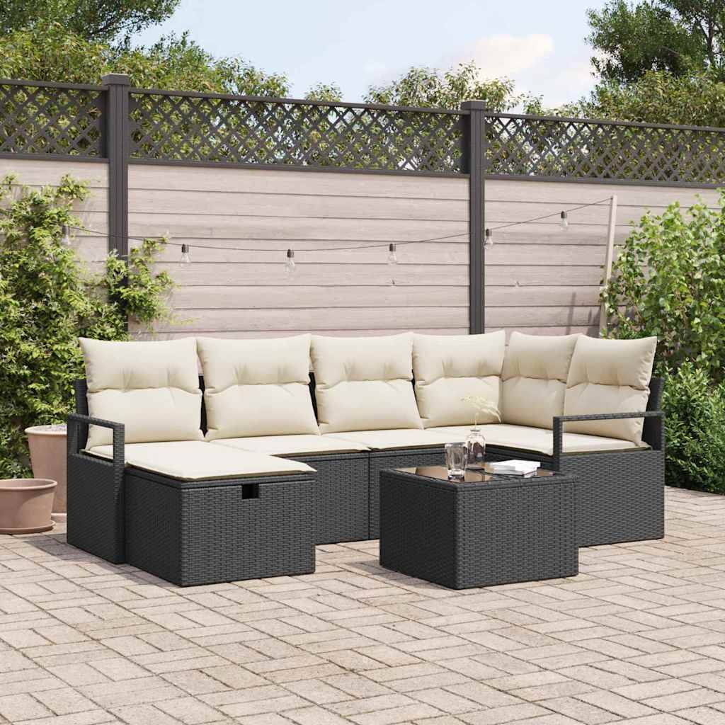 Salon de Jardin 6 Places 7pcs en Résine Tressée Modulable Table Coffre de Rangement et Pouf Noir – ComfortXL Outdoor Living - Image 1