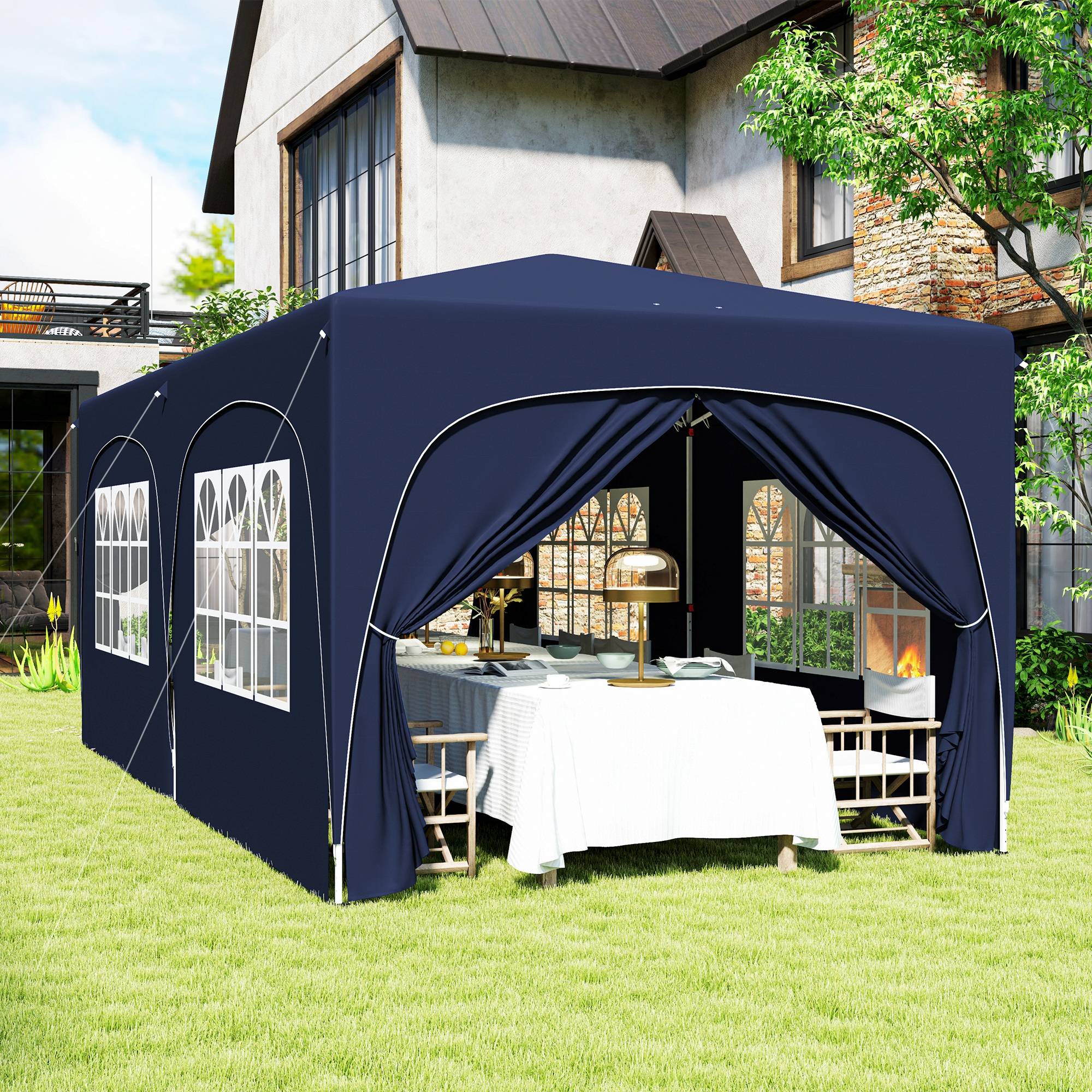 Tonnelle pliante 3 x 6 m avec panneaux latéraux, protection solaire UPF50+, hauteur réglable, sac de transport, bleu foncé - Image 4