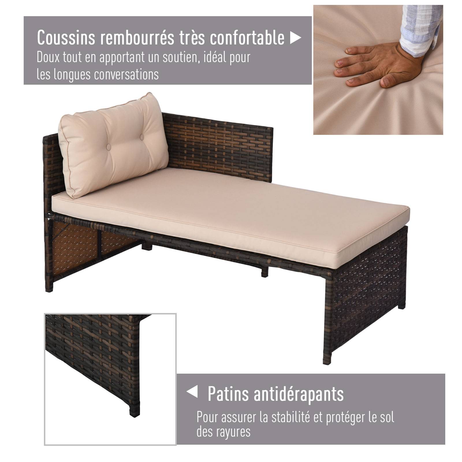 Outsunny - Ensemble salon de jardin 2 pièces canapé d'angle 4 places + table basse plateau verre trempé + 5 coussins résine tressée brun - Outsunny - Imagen 5