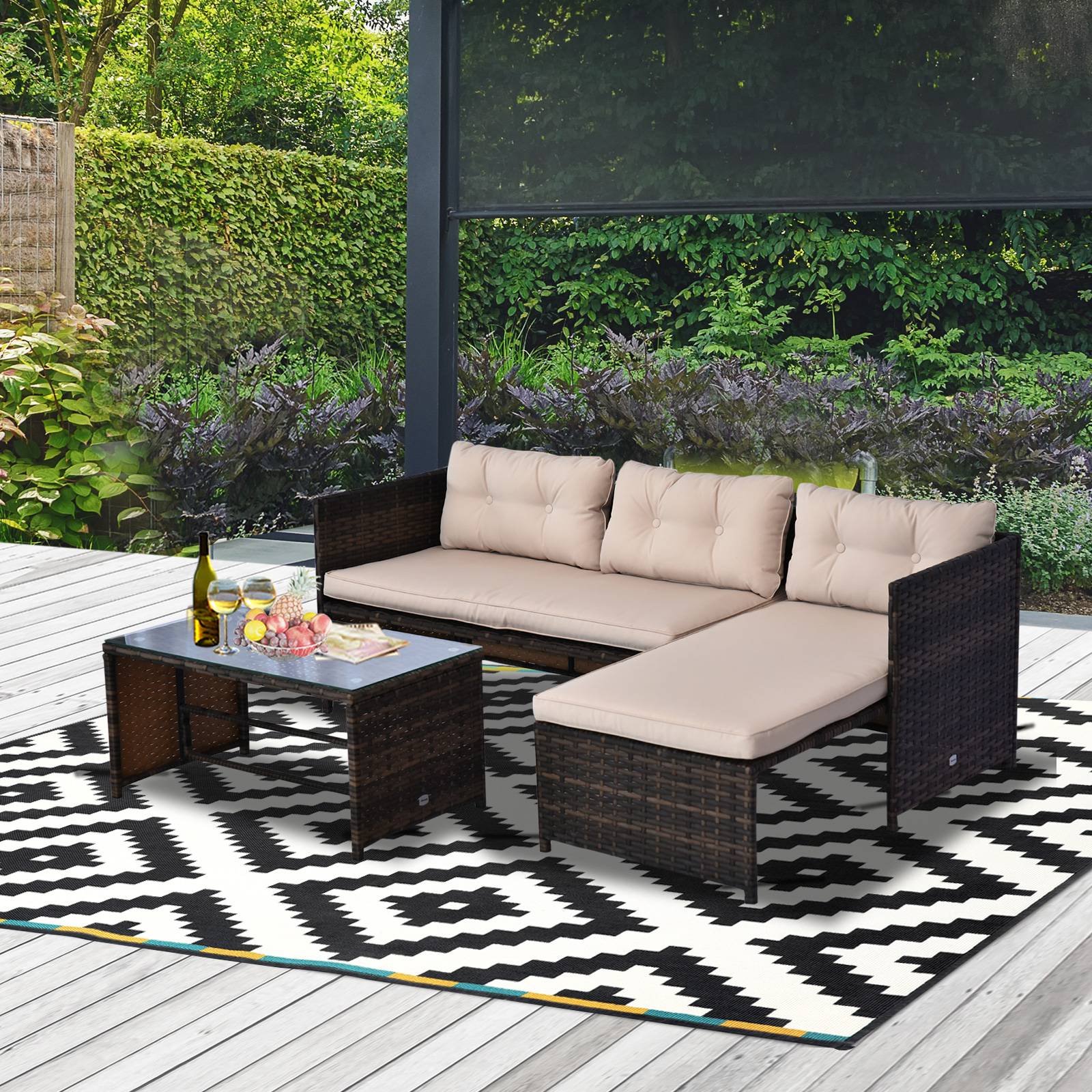 Outsunny - Ensemble salon de jardin 2 pièces canapé d'angle 4 places + table basse plateau verre trempé + 5 coussins résine tressée brun - Outsunny - Imagen 2