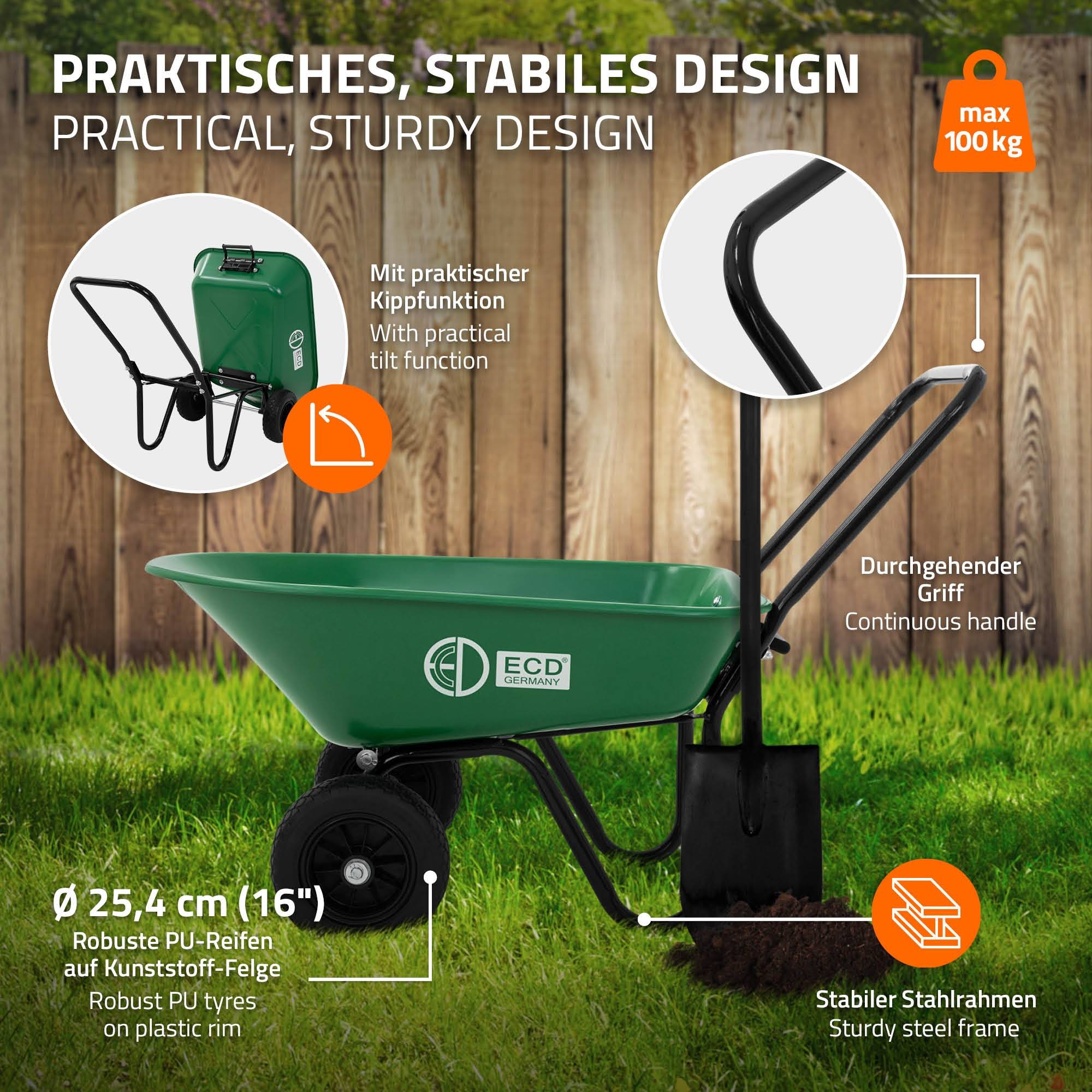 Chariot à brouette 78L avec fonction de basculement avec cadre en acier 2 pneus PU et bac en PP charge de 100 kg pour extérieur chantier jardin cour - Image 6