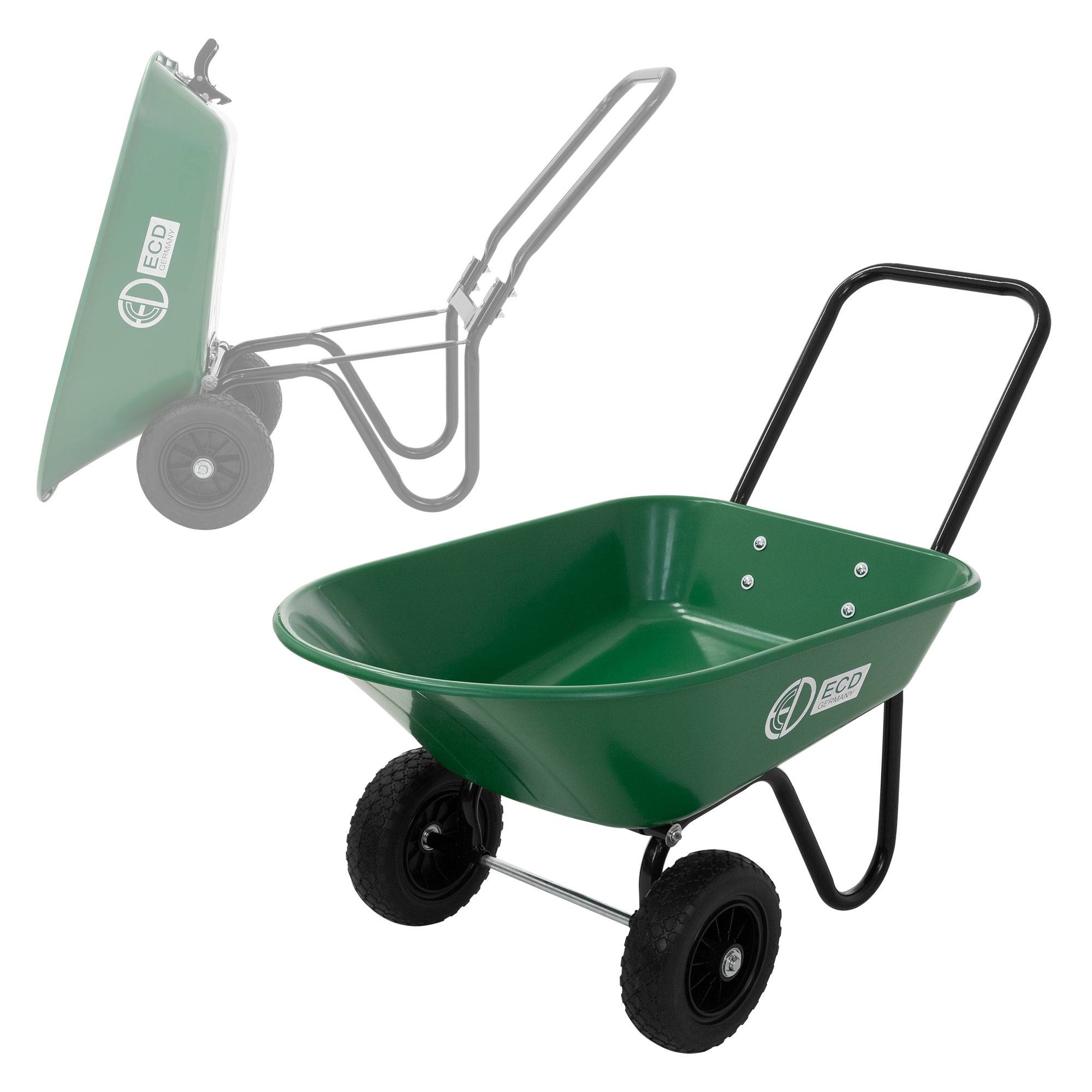 Chariot à brouette 78L avec fonction de basculement avec cadre en acier 2 pneus PU et bac en PP charge de 100 kg pour extérieur chantier jardin cour - Image 4