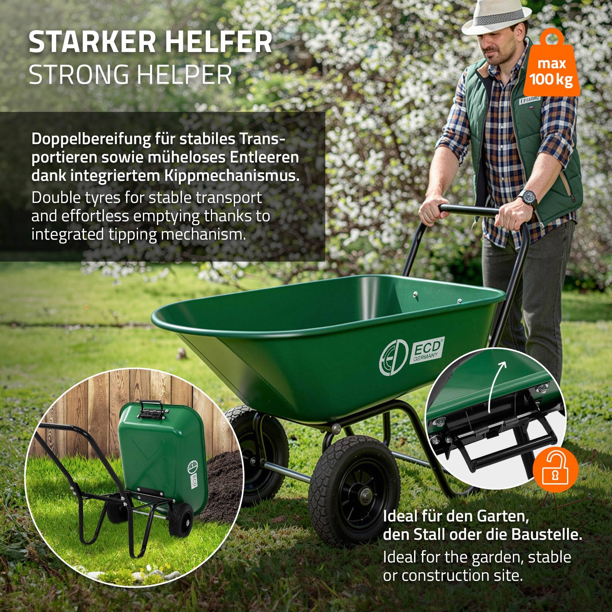 Chariot à brouette 78L avec fonction de basculement avec cadre en acier 2 pneus PU et bac en PP charge de 100 kg pour extérieur chantier jardin cour - Image 8
