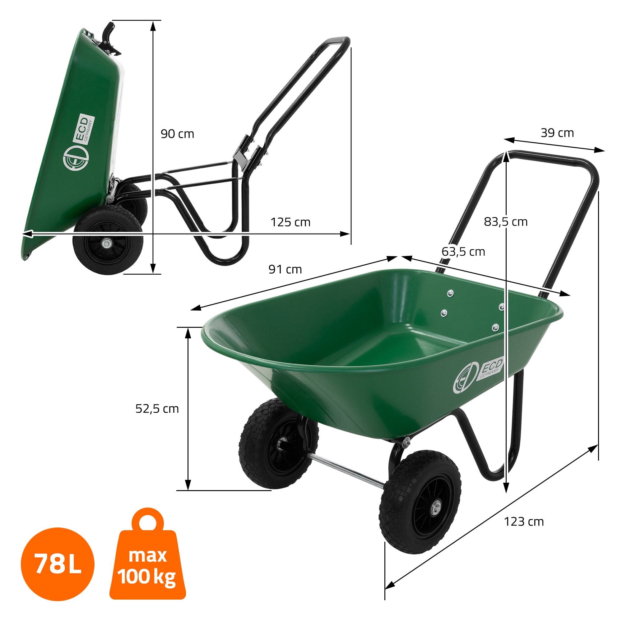 Chariot à brouette 78L avec fonction de basculement avec cadre en acier 2 pneus PU et bac en PP charge de 100 kg pour extérieur chantier jardin cour - Image 9
