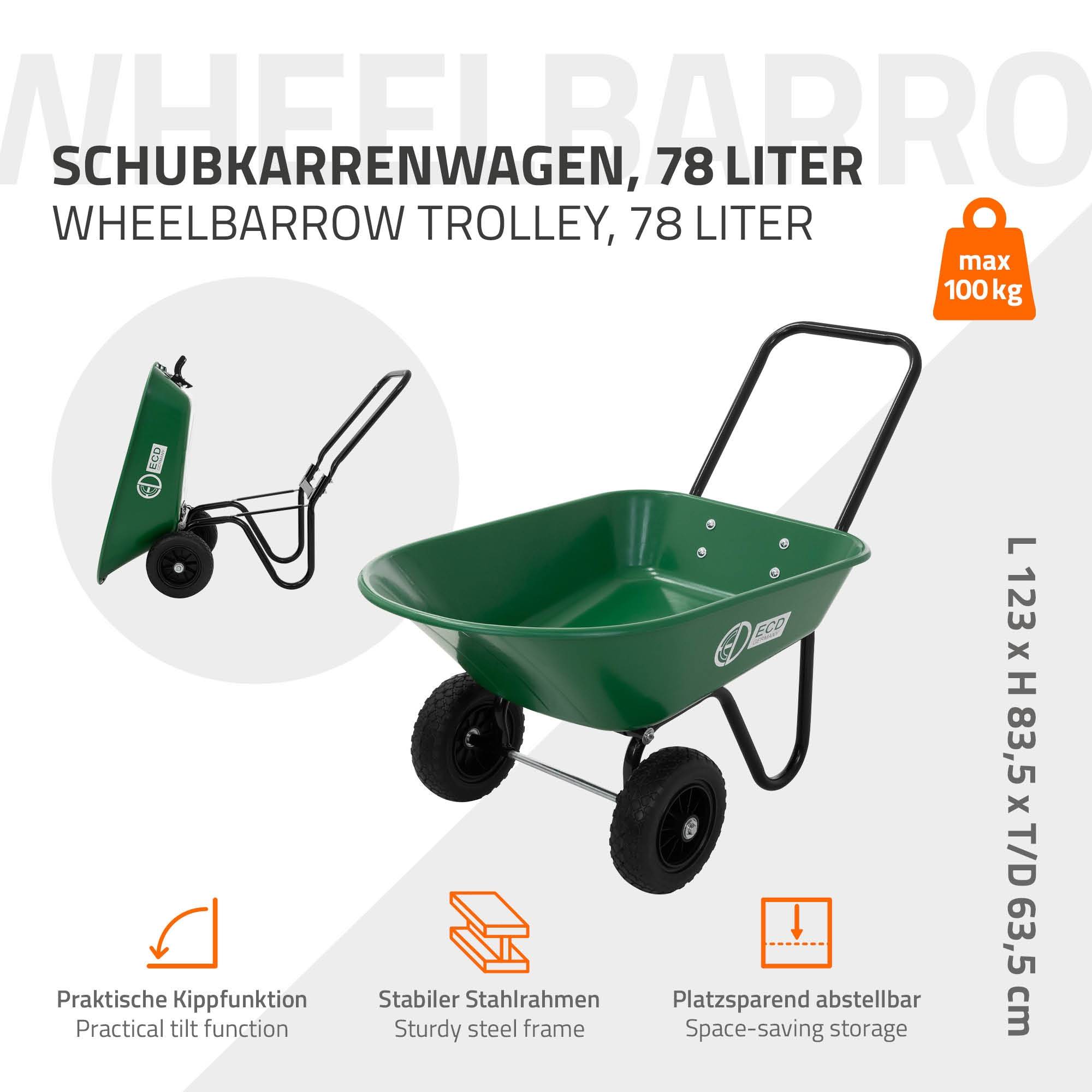 Chariot à brouette 78L avec fonction de basculement avec cadre en acier 2 pneus PU et bac en PP charge de 100 kg pour extérieur chantier jardin cour - Image 5