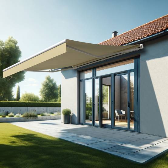 Store banne monobloc ESPAI 4,00x3,50m (Motorisé à interrupteur + manœuvre de secours - Ecru - Blanc) - Alia Productions - Imagen 1