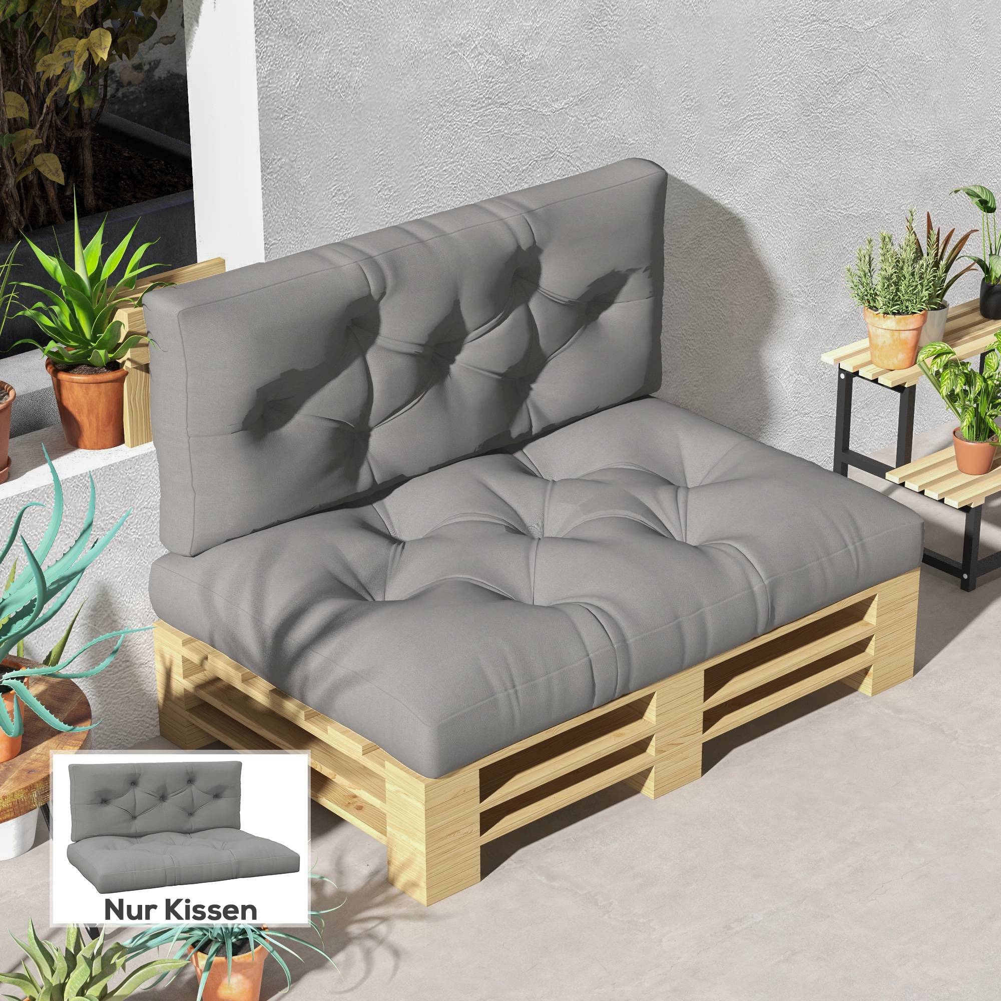 ComfortXL - Coussin palette polyester 120 x 80 cm gris clair intérieur extérieur assise épaisse avec dossier capitonné